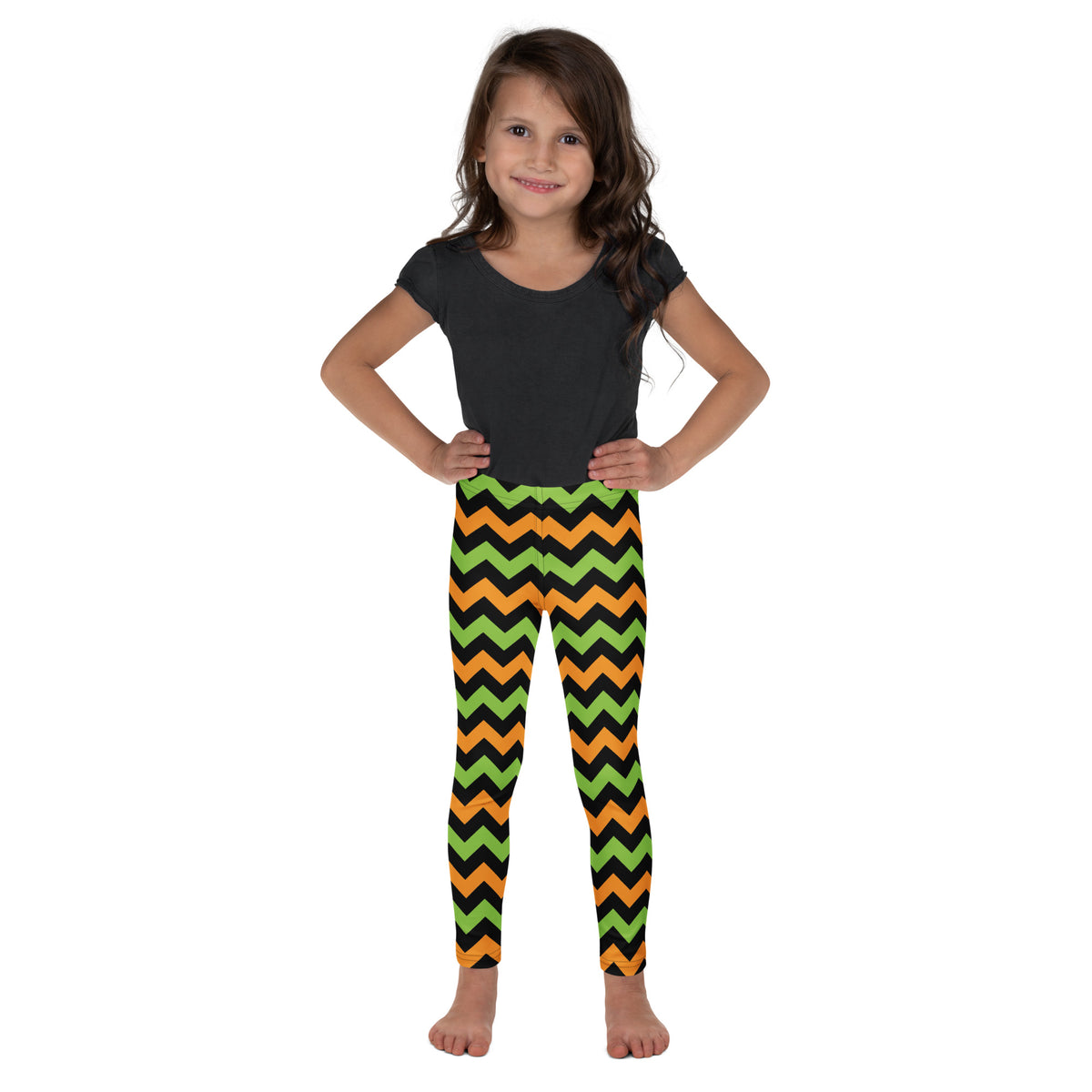 Girls Orange Green Black Halloween Chevron Leggings - Warm, Buttery Soft & Stretchy