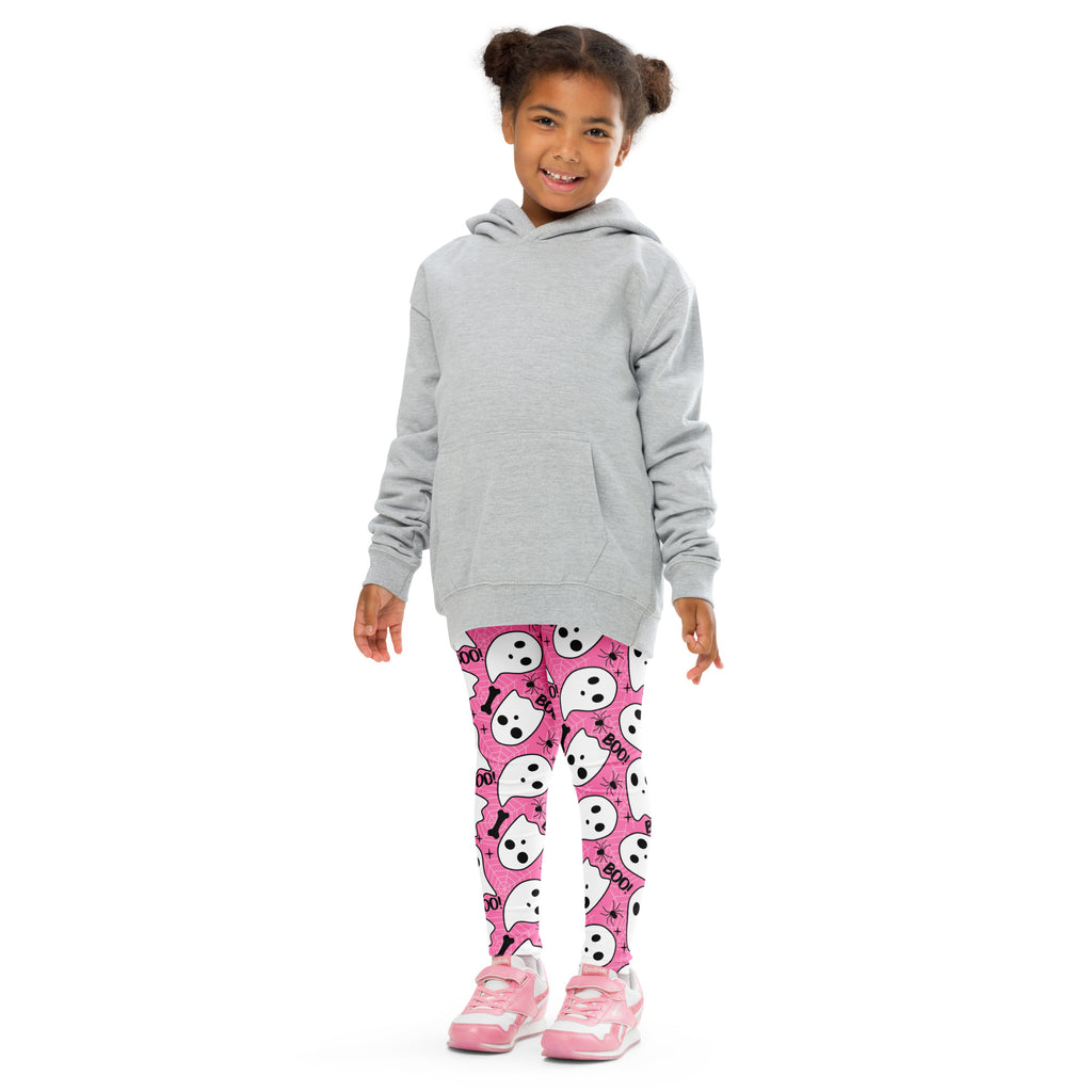 Girls Pink Ghost Halloween Themed Leggings - Warm, Buttery Soft & Stretchy