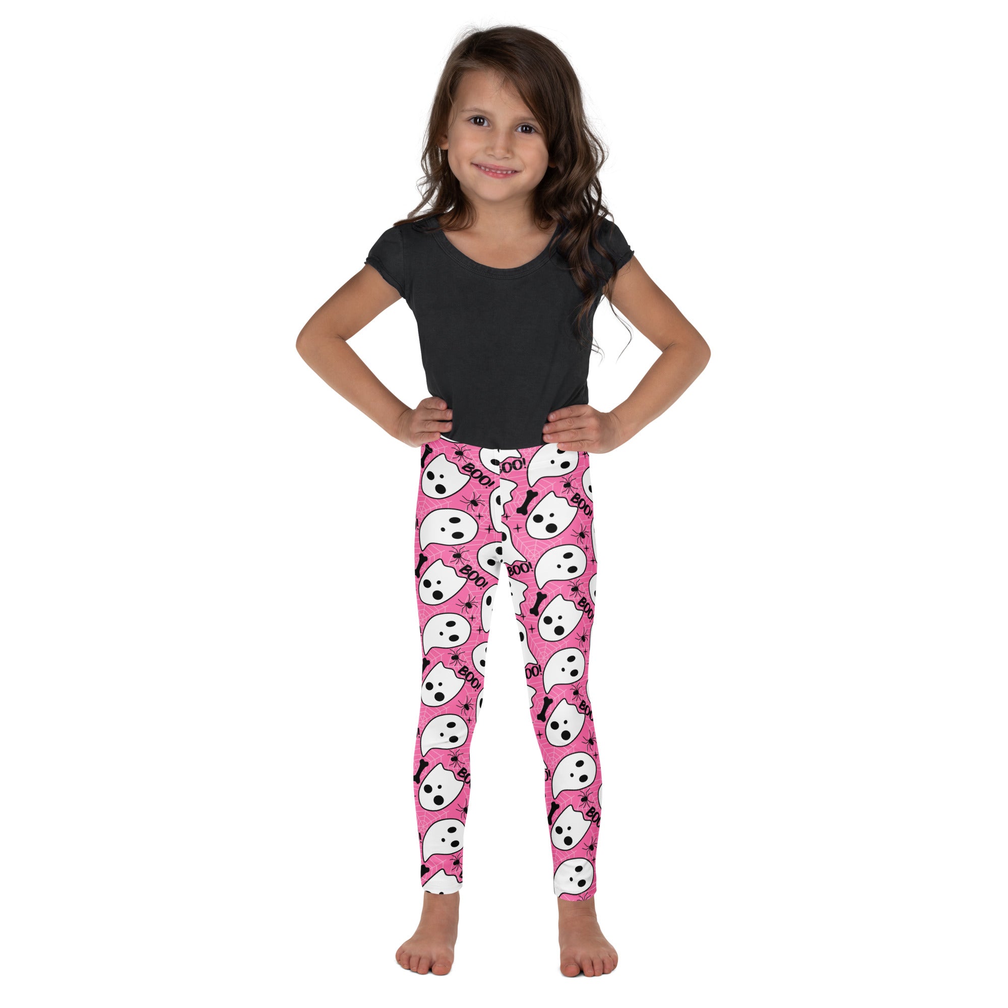Girls Pink Ghost Halloween Themed Leggings - Warm, Buttery Soft & Stretchy