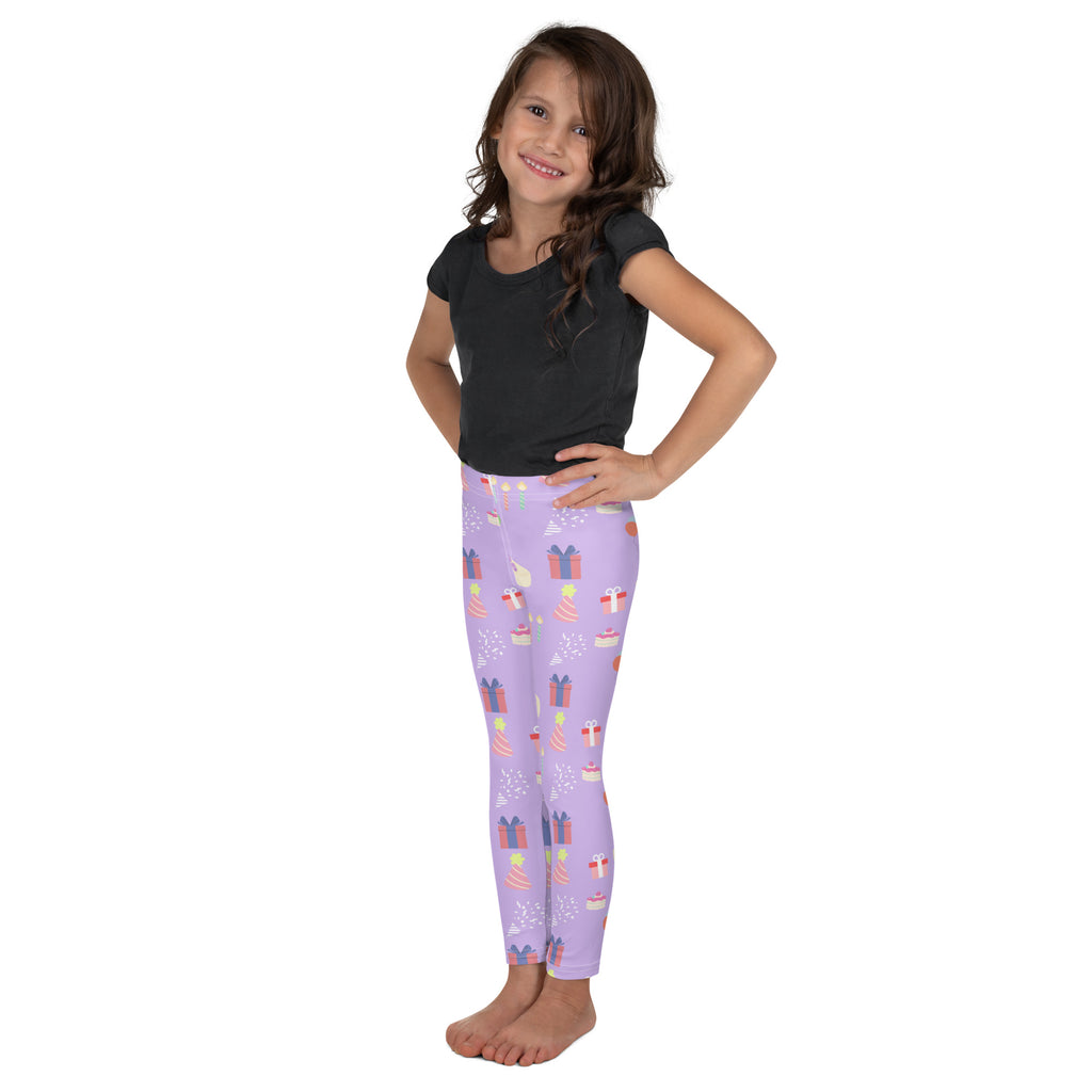 Lilac girls birthday buttery soft leggings with colorful gift box and cupcake pattern for festive wear