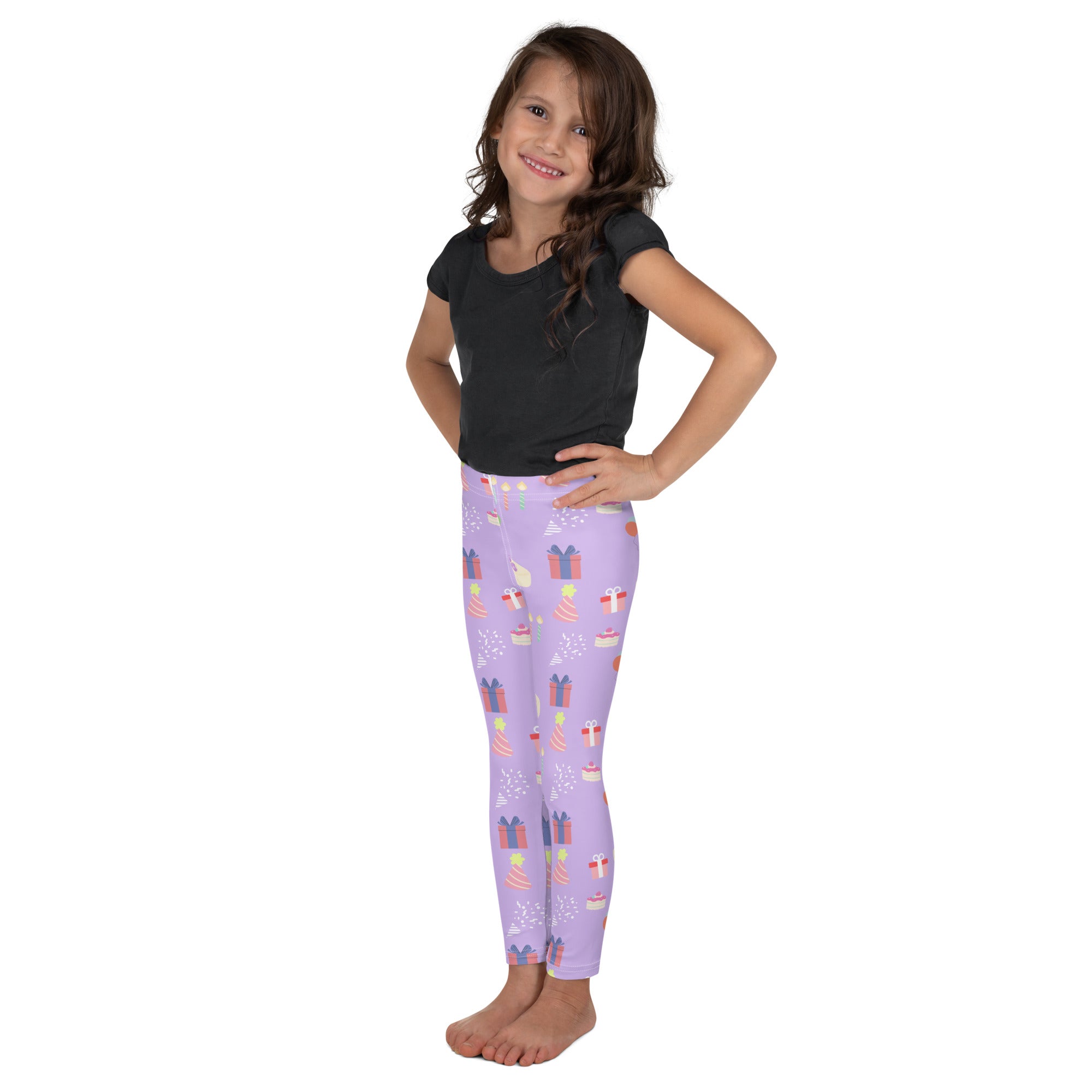 Lilac girls birthday buttery soft leggings with colorful gift box and cupcake pattern for festive wear