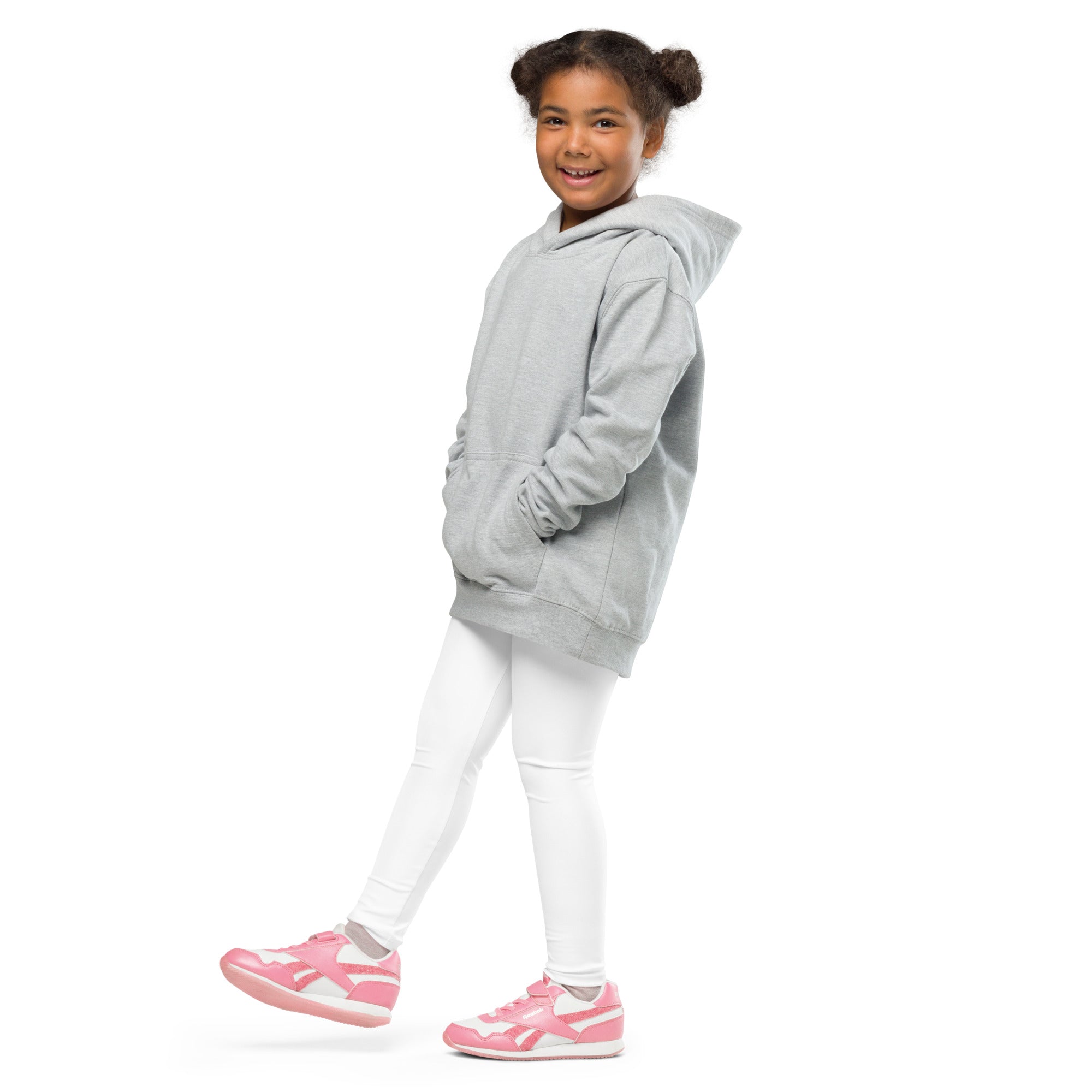 Gray hooded sweatshirt with front pockets and relaxed fit paired with kids buttery soft white leggings