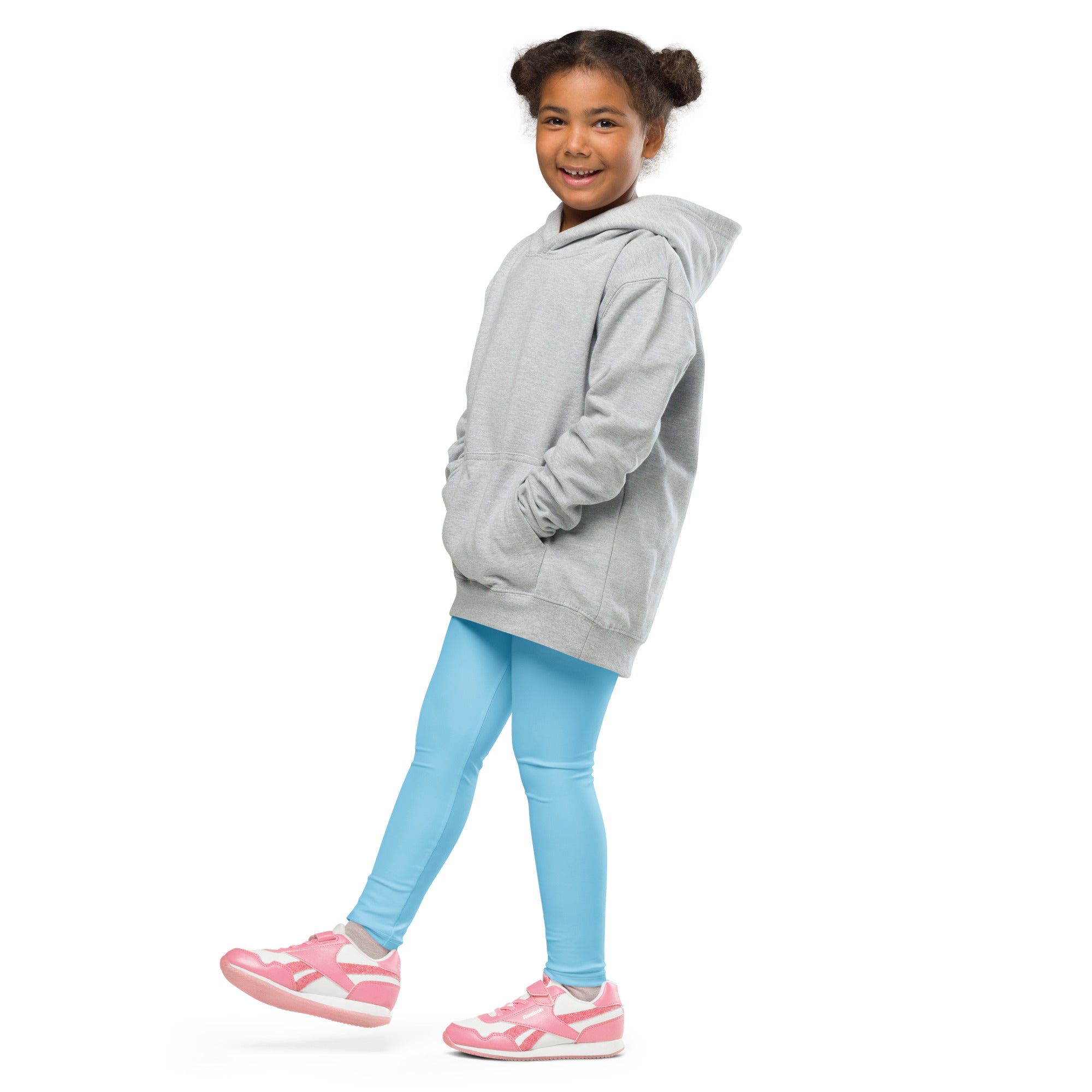 A child wearing a light gray hooded sweatshirt and kids buttery soft sky blue leggings showcasing comfort and style