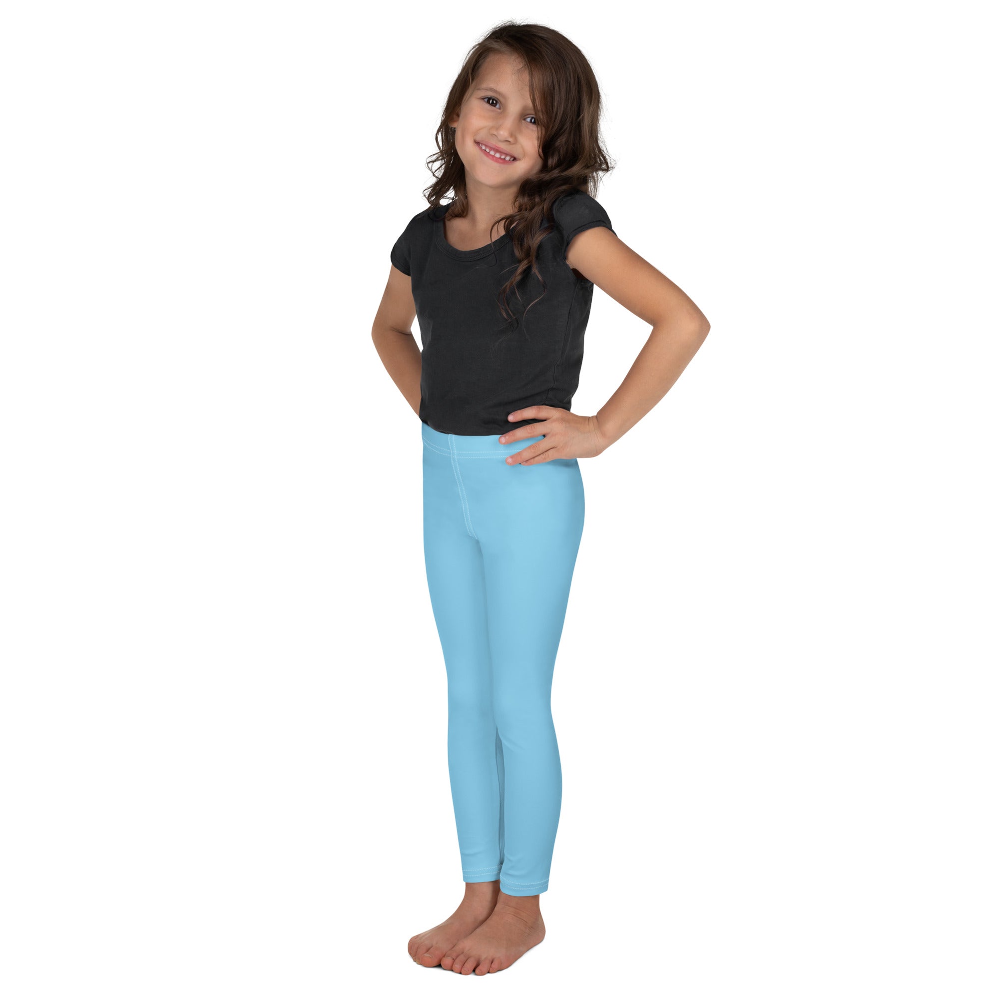 Light blue kids buttery soft leggings made of stretchy, form-fitting material for comfortable everyday wear