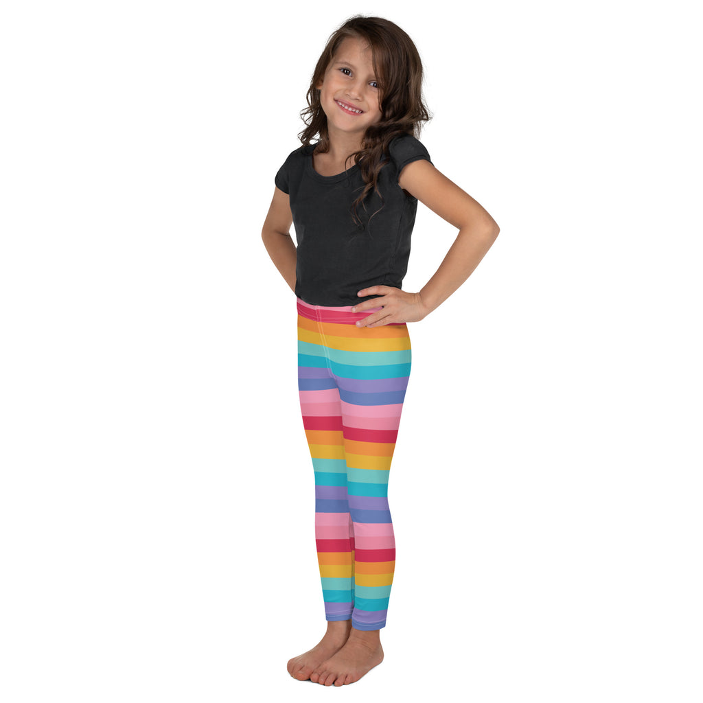 Girls bright rainbow striped buttery soft leggings with vibrant pink orange yellow green blue and purple bands