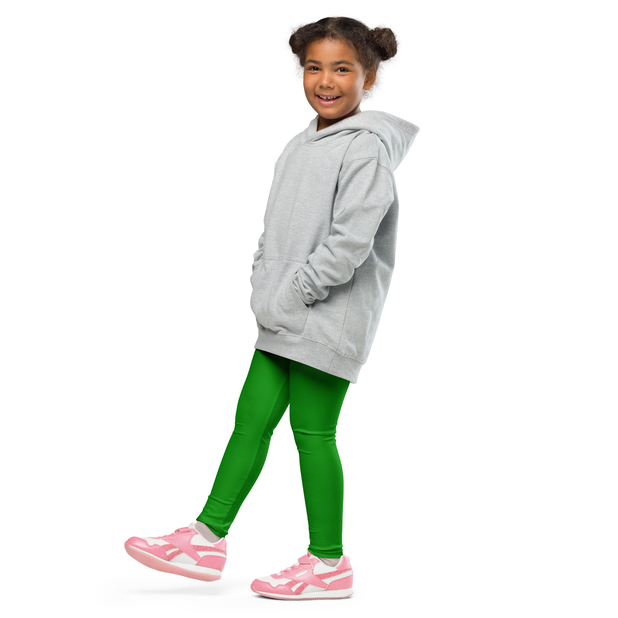 Gray hooded sweatshirt with front pockets and relaxed fit shown with kids buttery soft green leggings