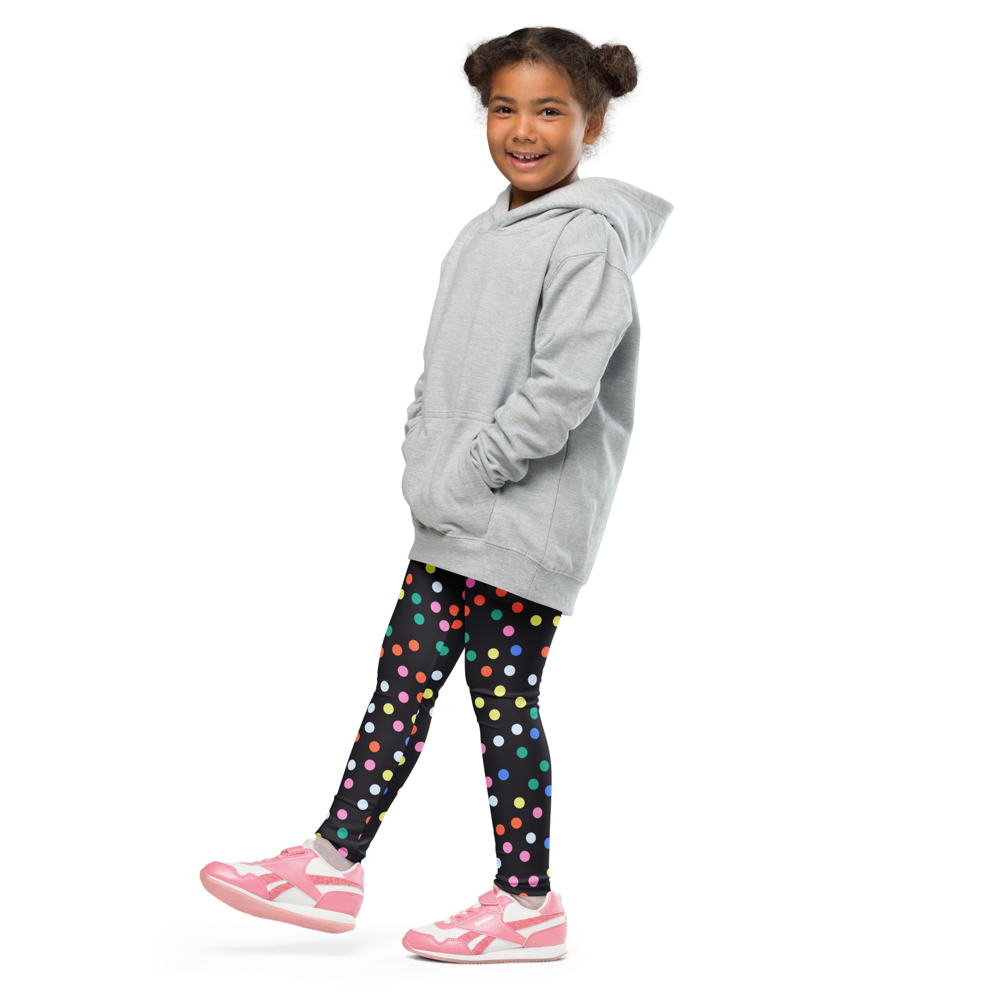 Gray hooded sweatshirt with front pockets and relaxed fit paired with girls confetti dots buttery soft leggings