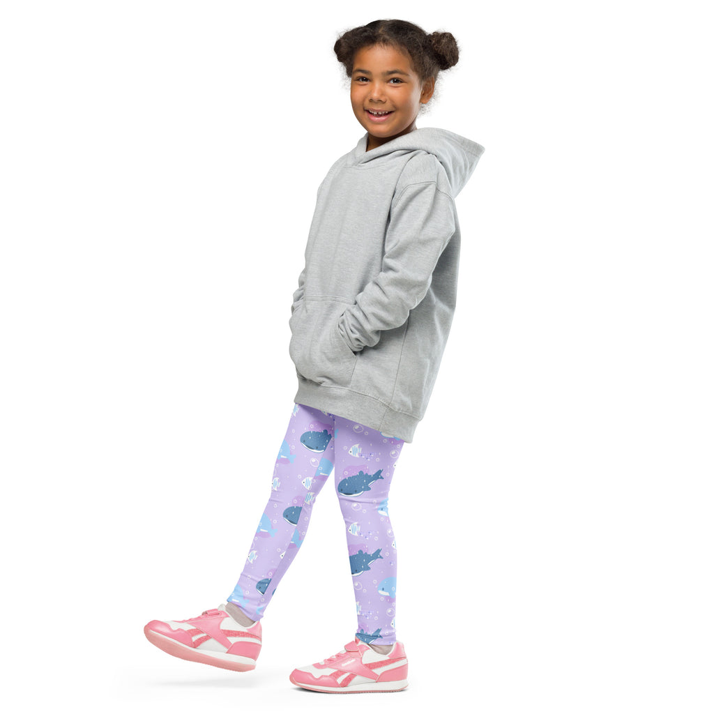 Gray hooded sweatshirt with relaxed fit and front pockets paired with girls purple whale shark buttery soft leggings