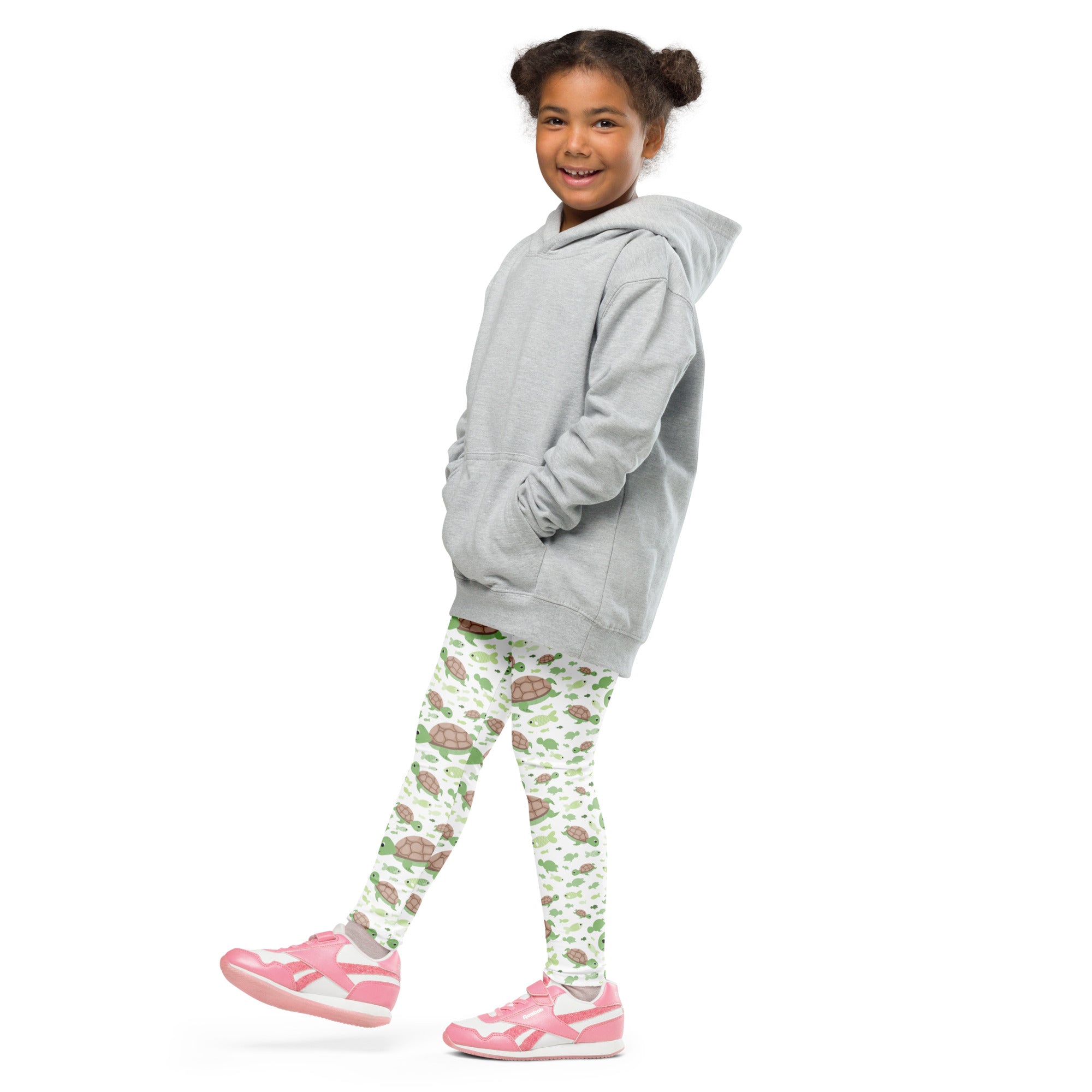 Gray hooded sweatshirt with front pockets and relaxed fit shown with kids green sea turtles buttery soft leggings