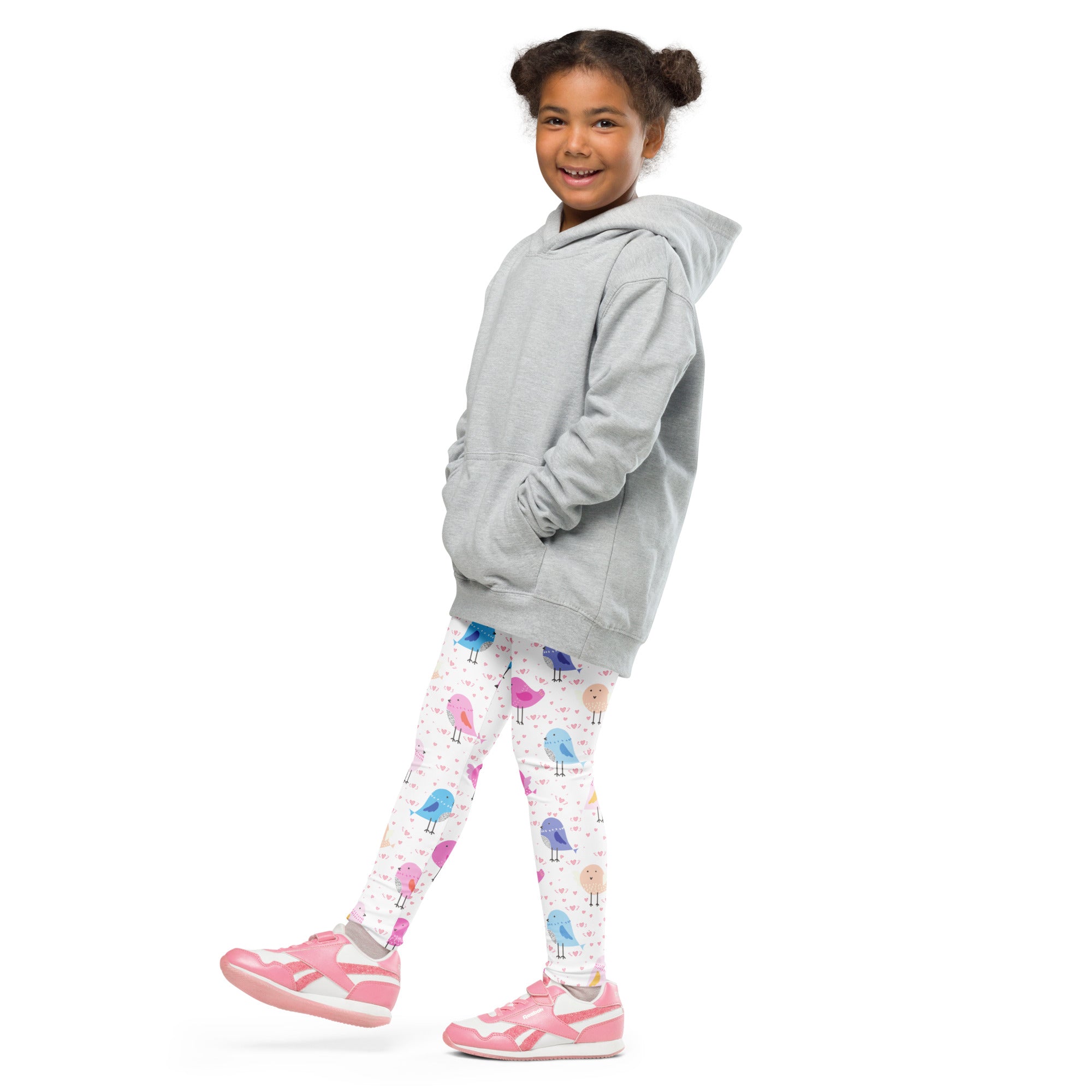 Gray hooded sweatshirt with front pockets and relaxed fit paired with girls colorful birds buttery soft leggings