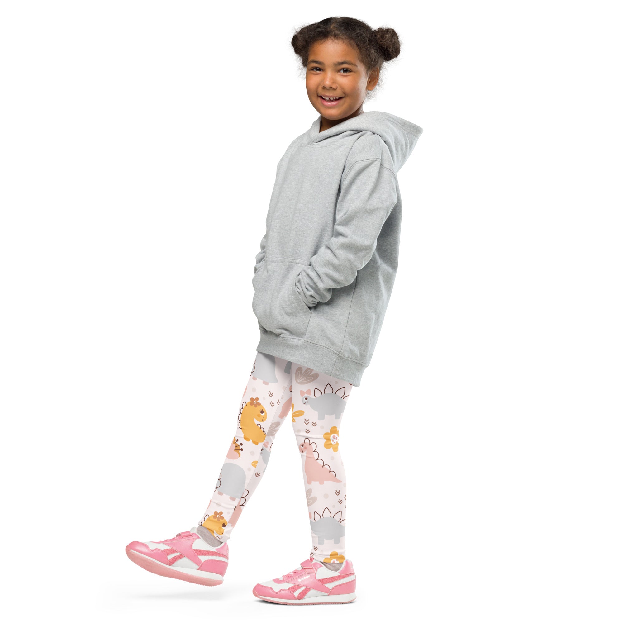 Gray hooded sweatshirt with relaxed fit and front pockets shown with girls floral dinosaur buttery soft leggings