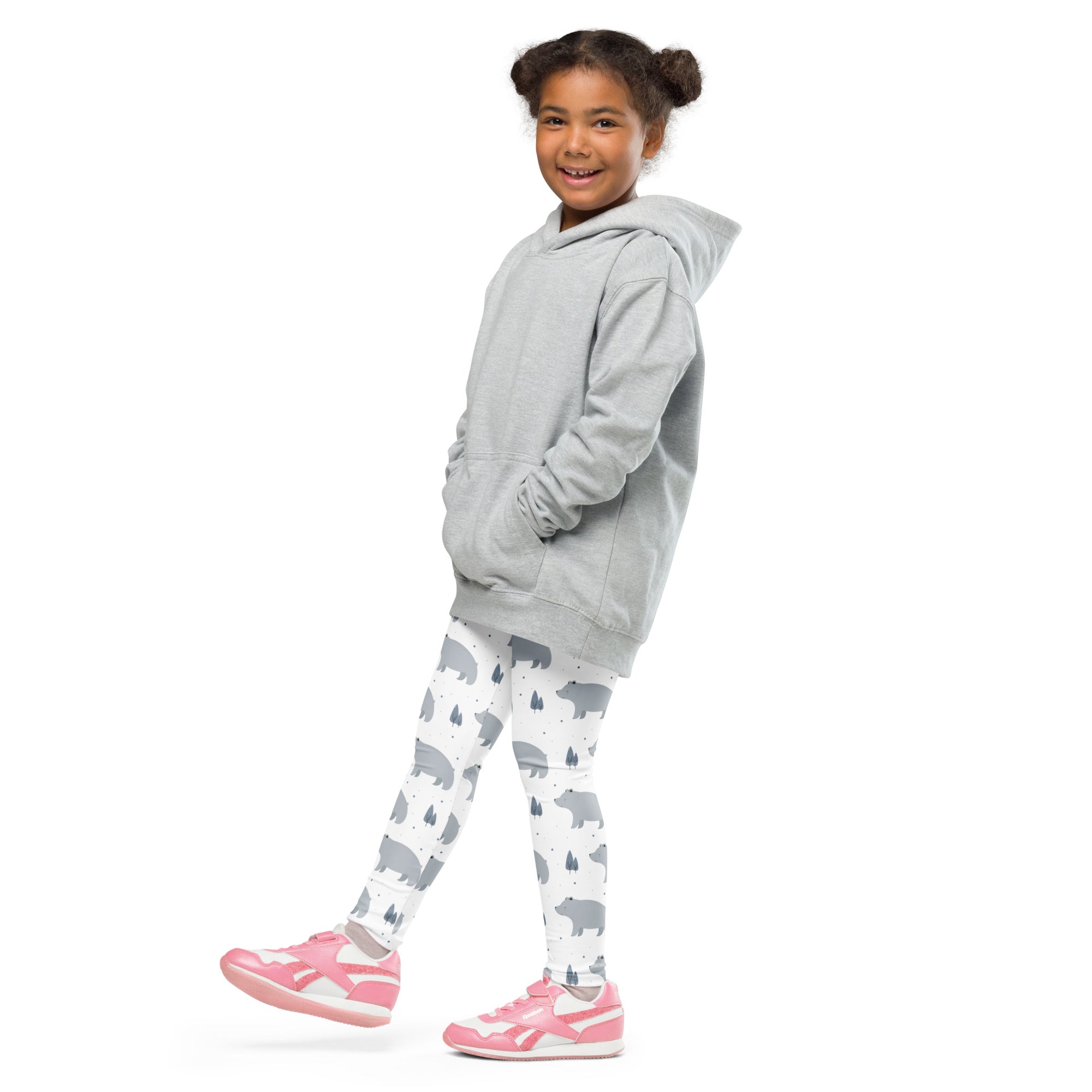 Gray hooded sweatshirt with relaxed fit and front pockets paired with girls polar bear buttery soft leggings