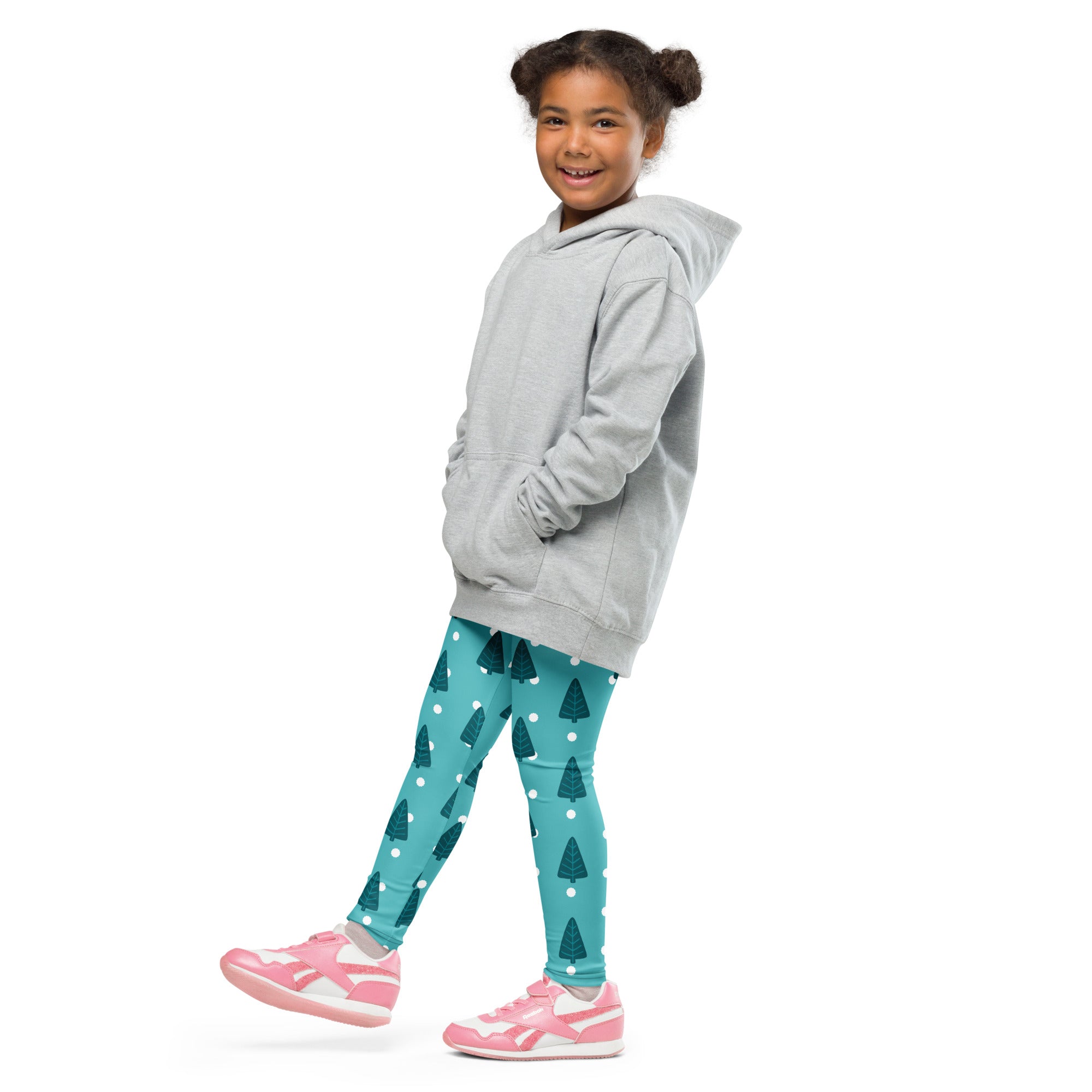 Gray hooded sweatshirt with front pockets and relaxed fit paired with kids christmas tree snow buttery soft leggings