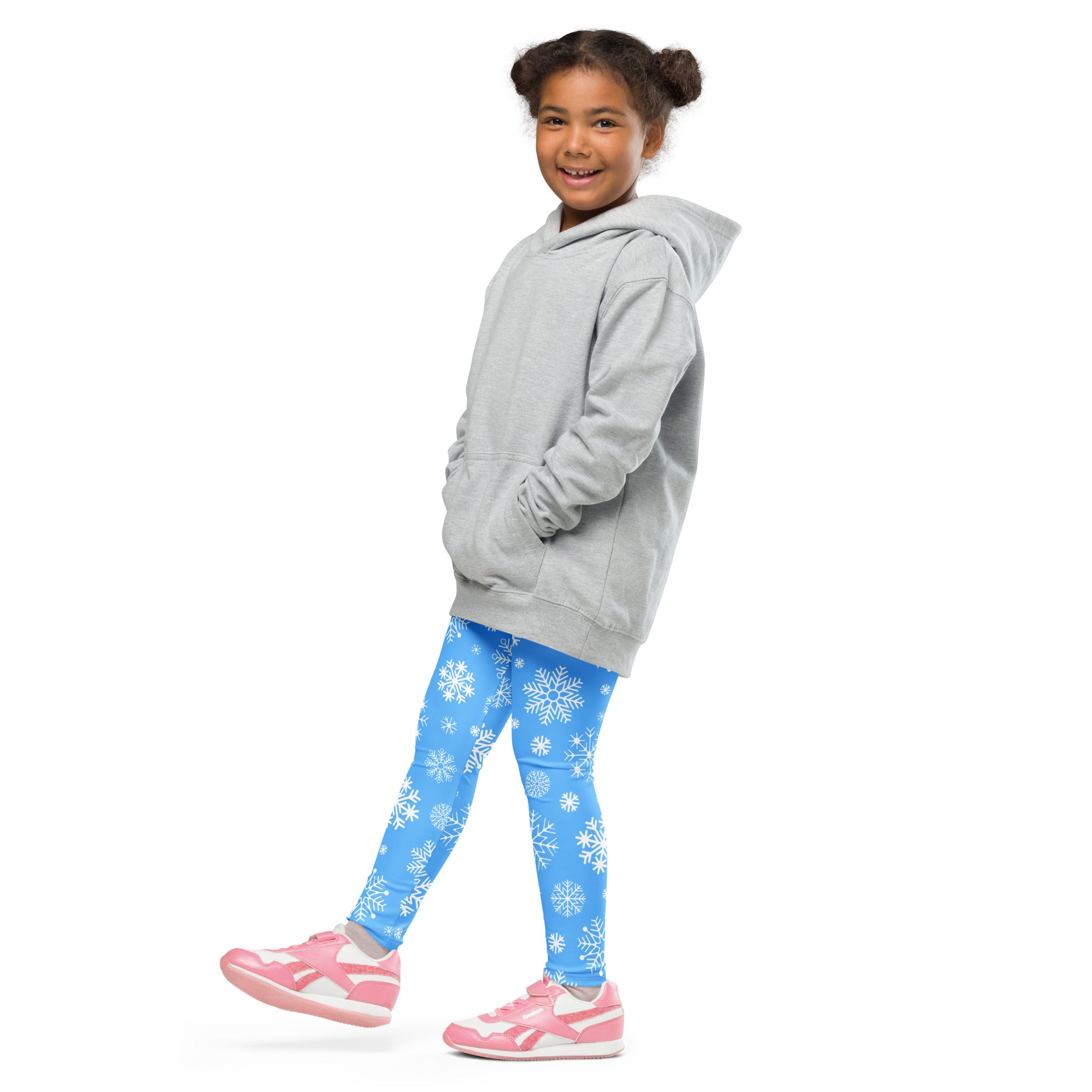 Gray hooded sweatshirt with front pockets and relaxed fit paired with kids blue snowflake buttery soft leggings