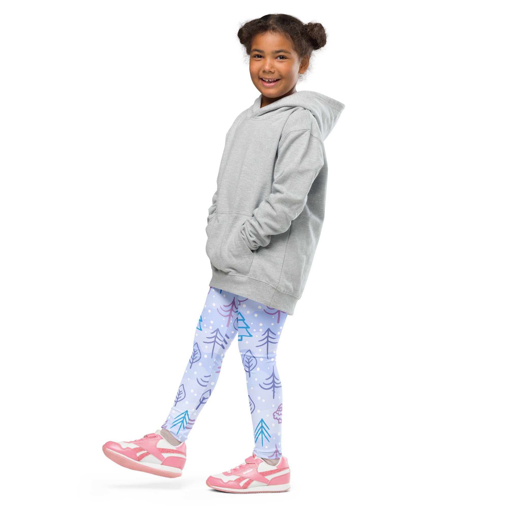 Kids snowy forest winter leggings with gray hooded sweatshirt front pockets relaxed fit buttery soft material