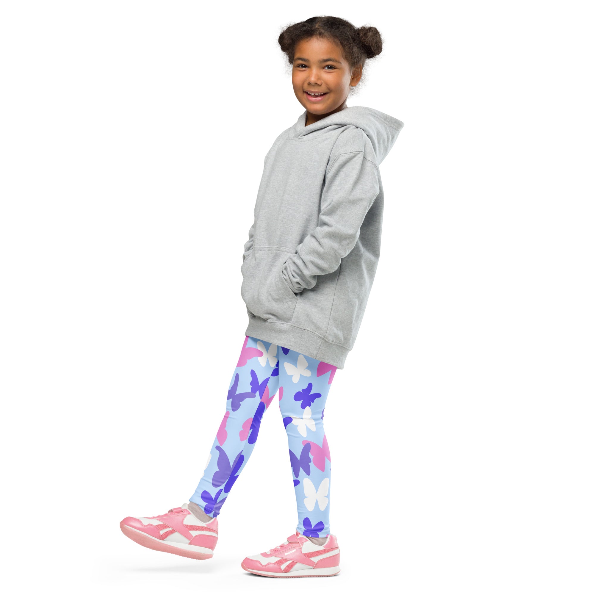 Gray hooded sweatshirt with front pockets and relaxed fit shown with girls pastel butterfly buttery soft leggings