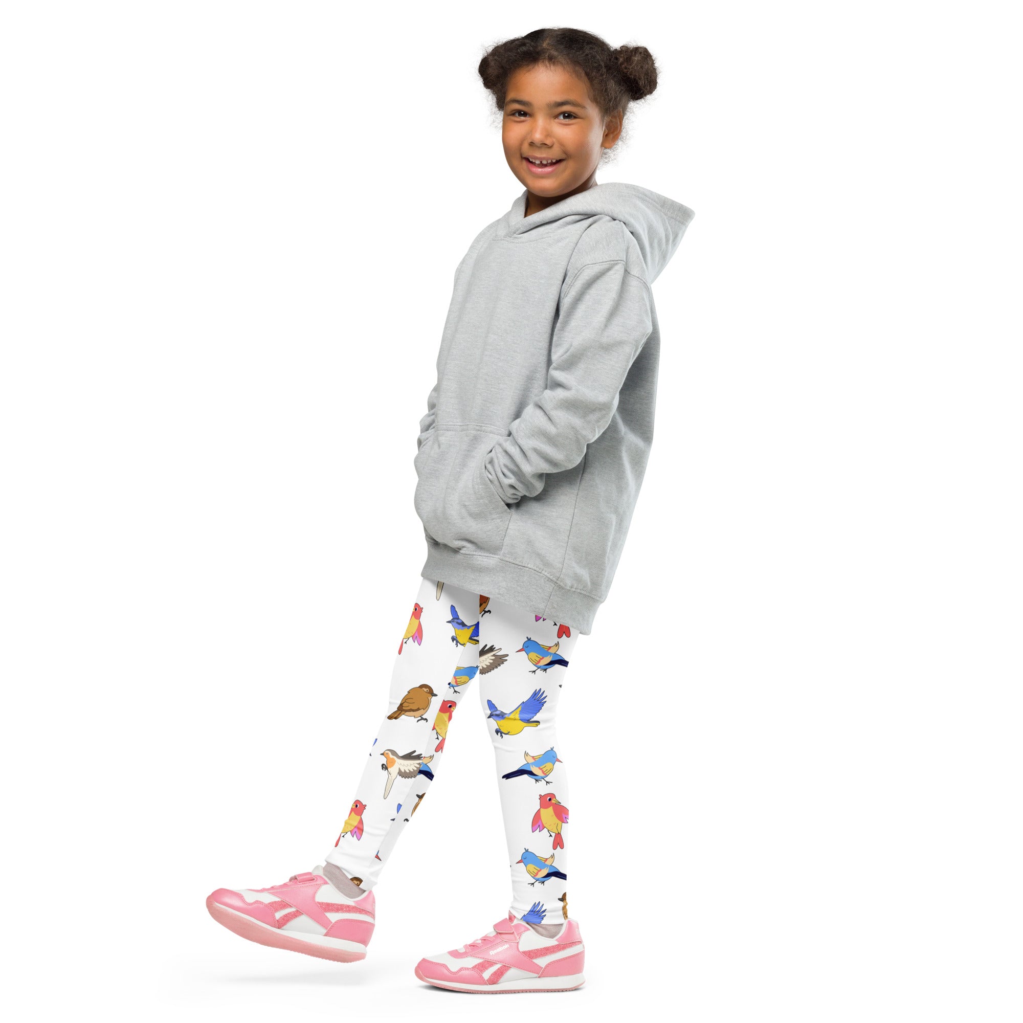 Gray hooded sweatshirt with front pockets and relaxed fit paired with kids colorful birds buttery soft leggings