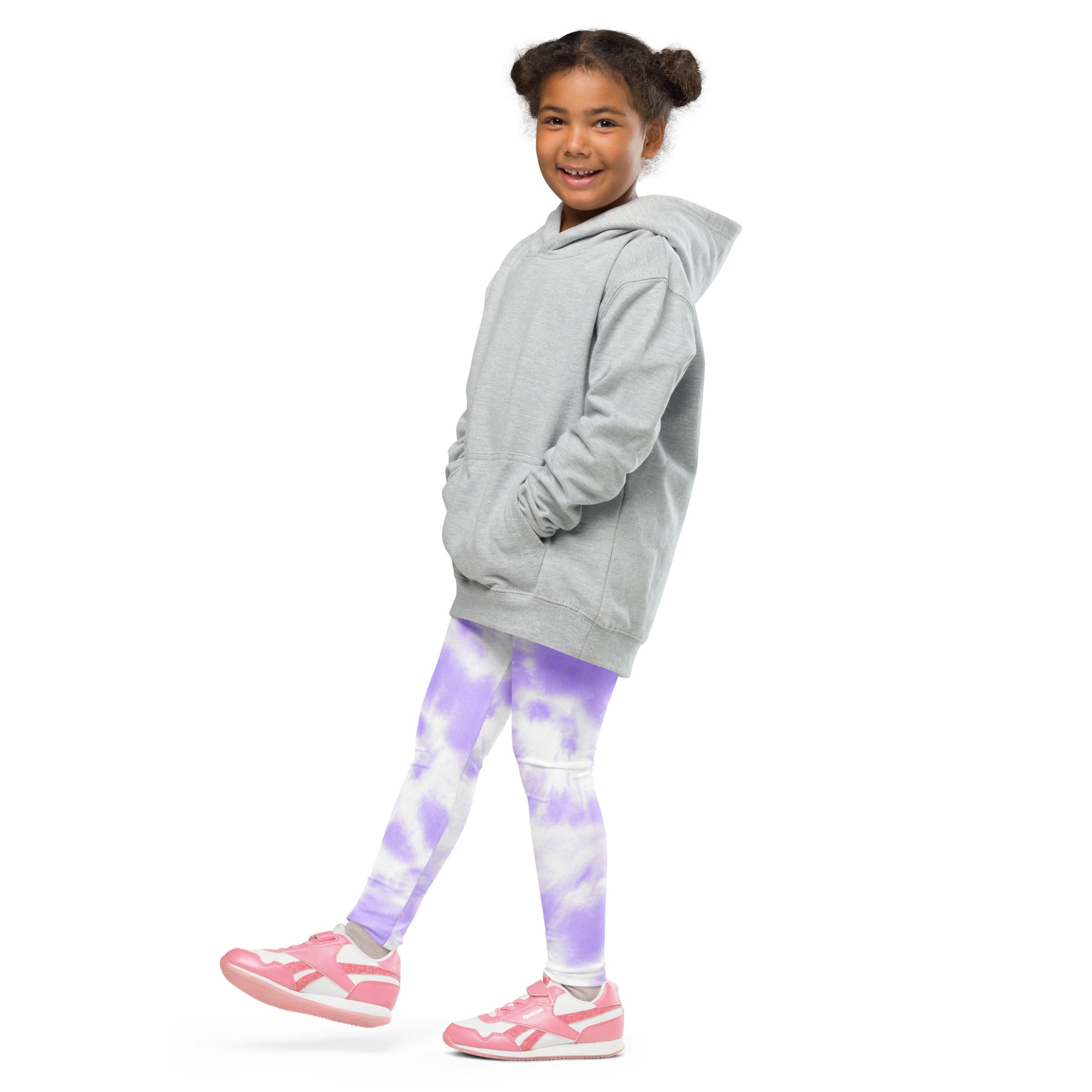 Gray hooded sweatshirt with front pockets and relaxed fit paired with girls lavender tie dye buttery soft leggings