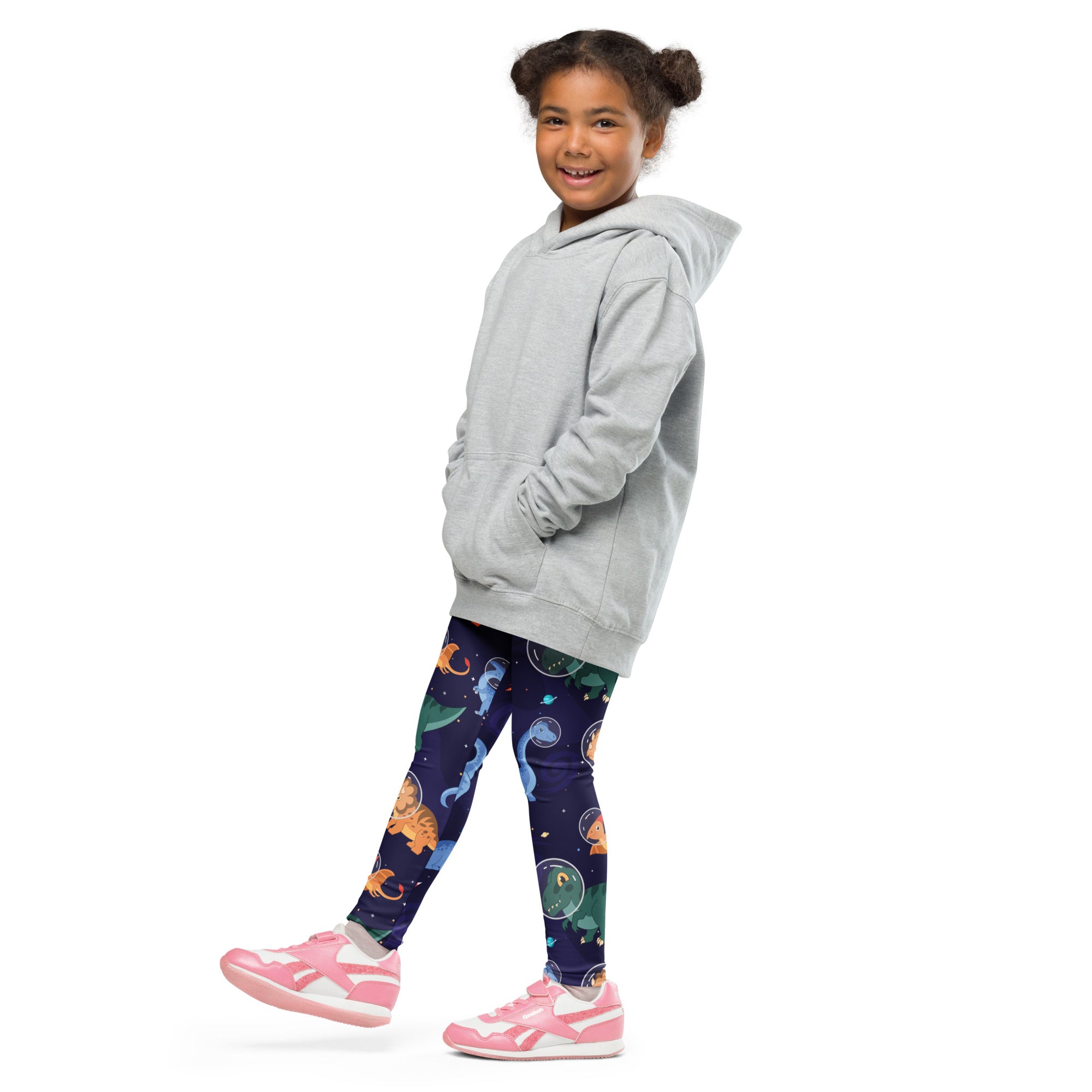 Gray hooded sweatshirt with relaxed fit and front pockets paired with kids space dinosaur buttery soft leggings