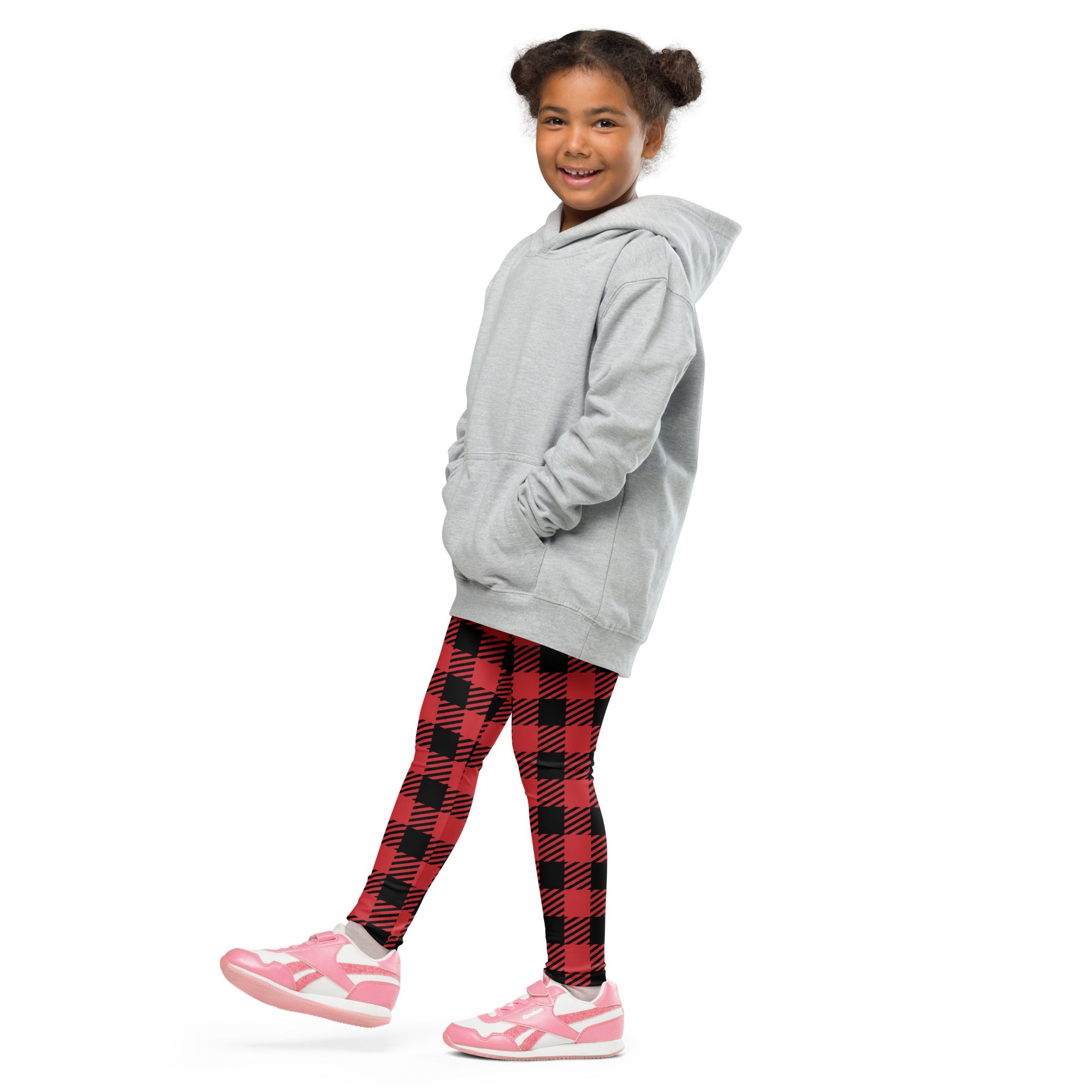 Gray hooded sweatshirt with front pockets and relaxed fit paired with kids red buffalo plaid buttery soft leggings