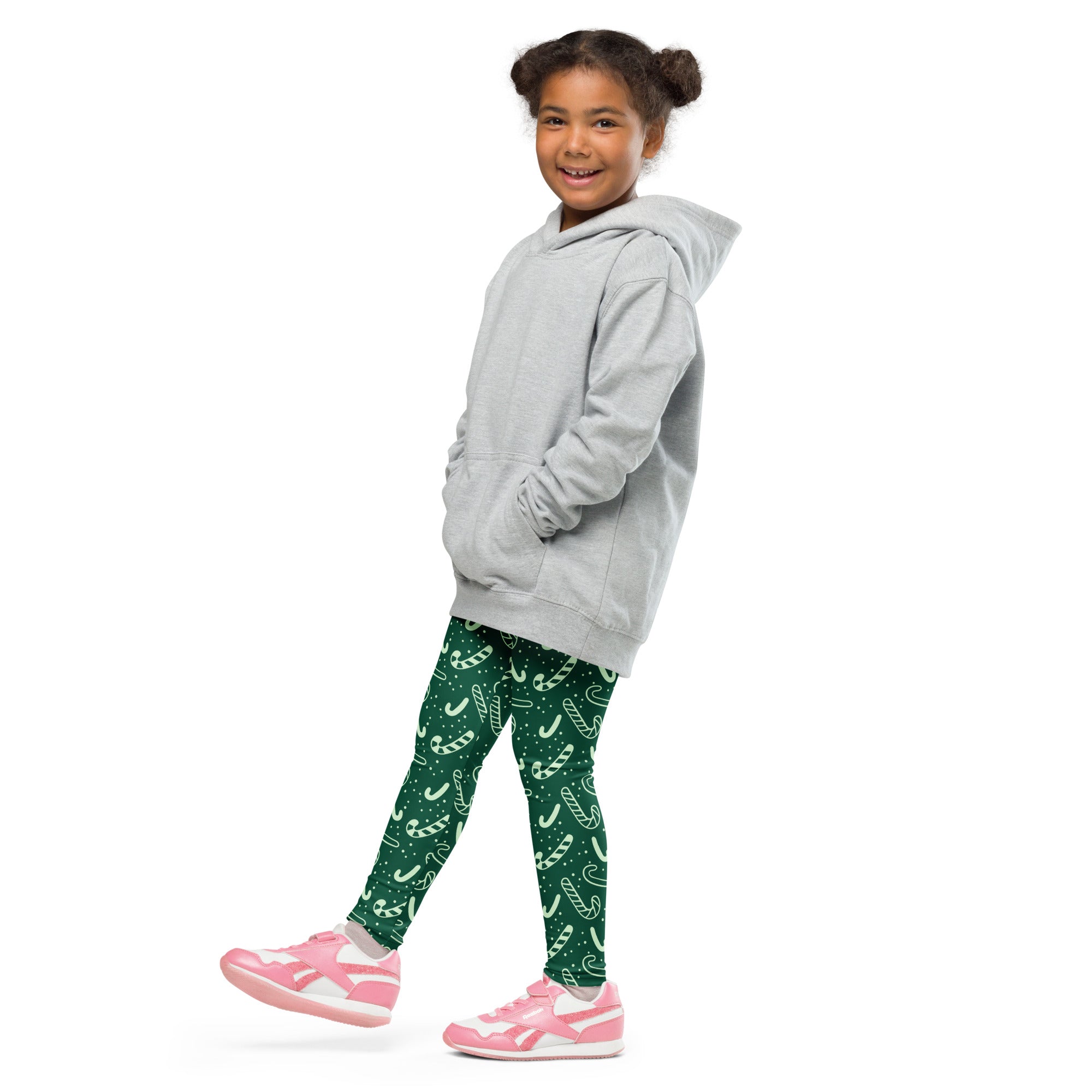 Gray hooded sweatshirt with relaxed fit and front pockets shown with kids green candy cane buttery soft leggings