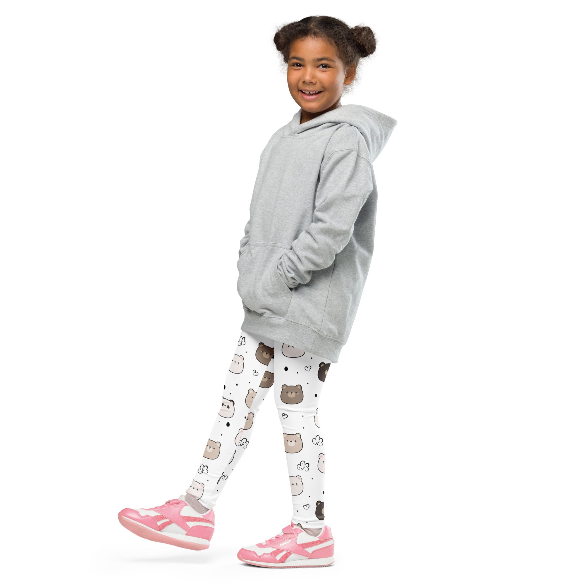 Gray hooded sweatshirt with relaxed fit and front pockets paired with kids white bear face buttery soft leggings