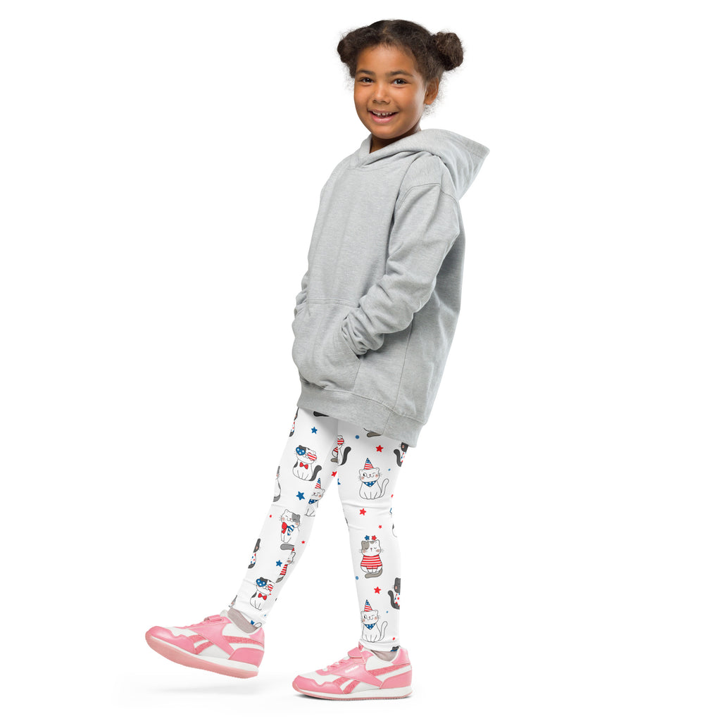 Gray hooded sweatshirt with relaxed fit and front pockets paired with kids fourth of july cat buttery soft leggings