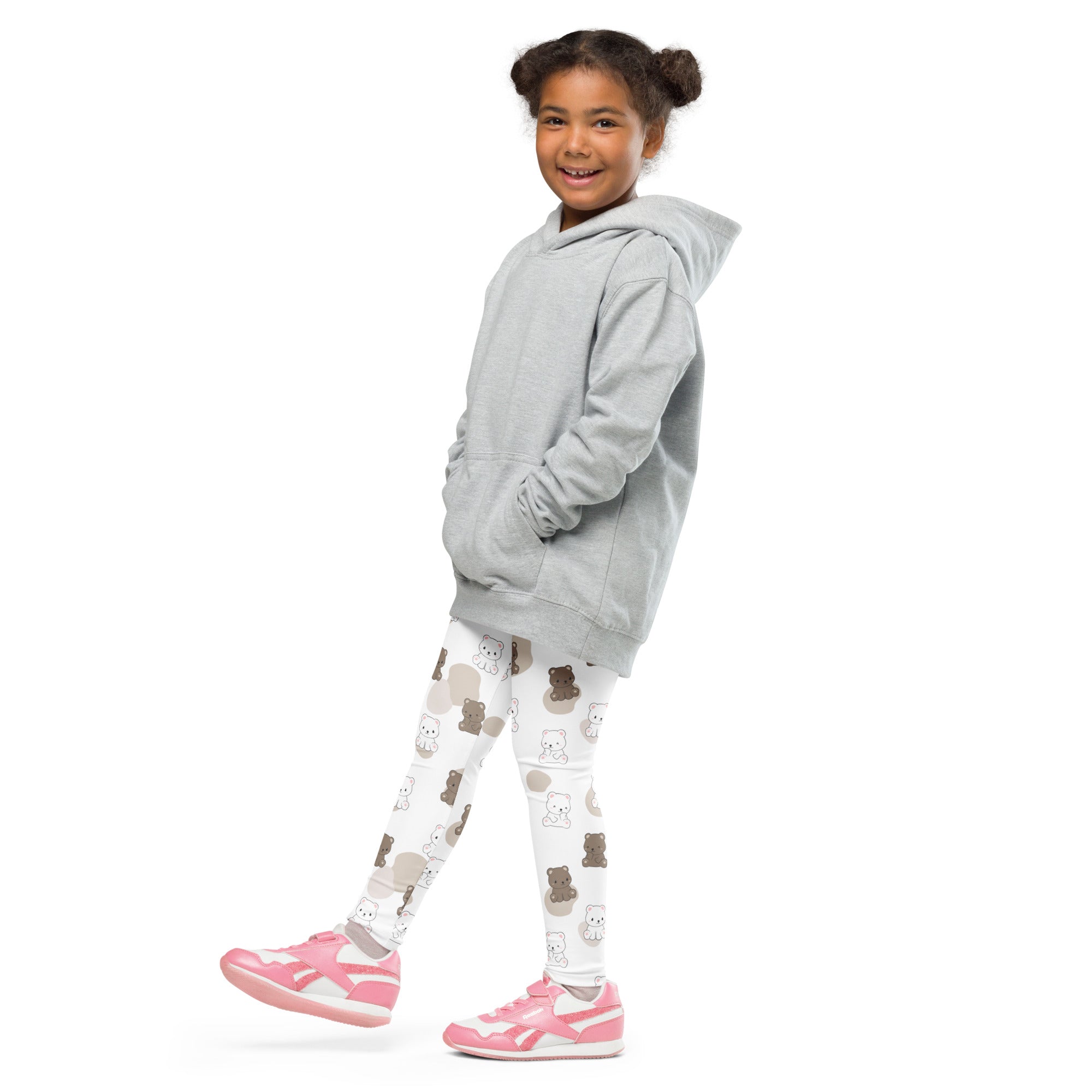 Kids cute bear print buttery soft leggings with gray hooded sweatshirt and pink athletic shoes for casual wear