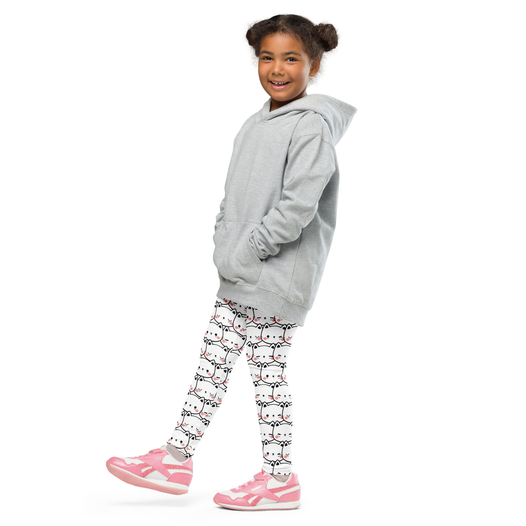 Gray hooded sweatshirt with front pockets and relaxed fit paired with girls white cat face buttery soft leggings