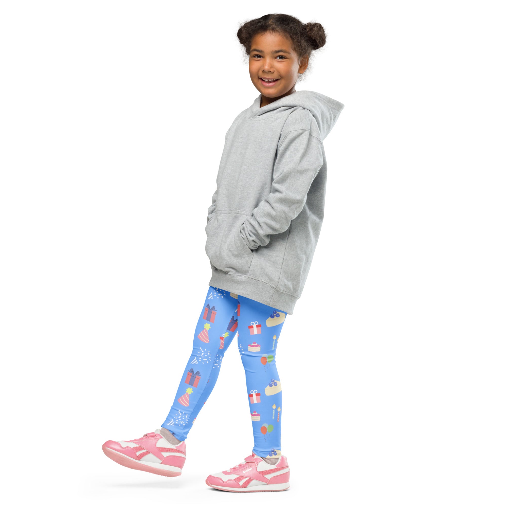 Gray hooded sweatshirt with front pockets and relaxed fit paired with kids blue birthday pattern buttery soft leggings