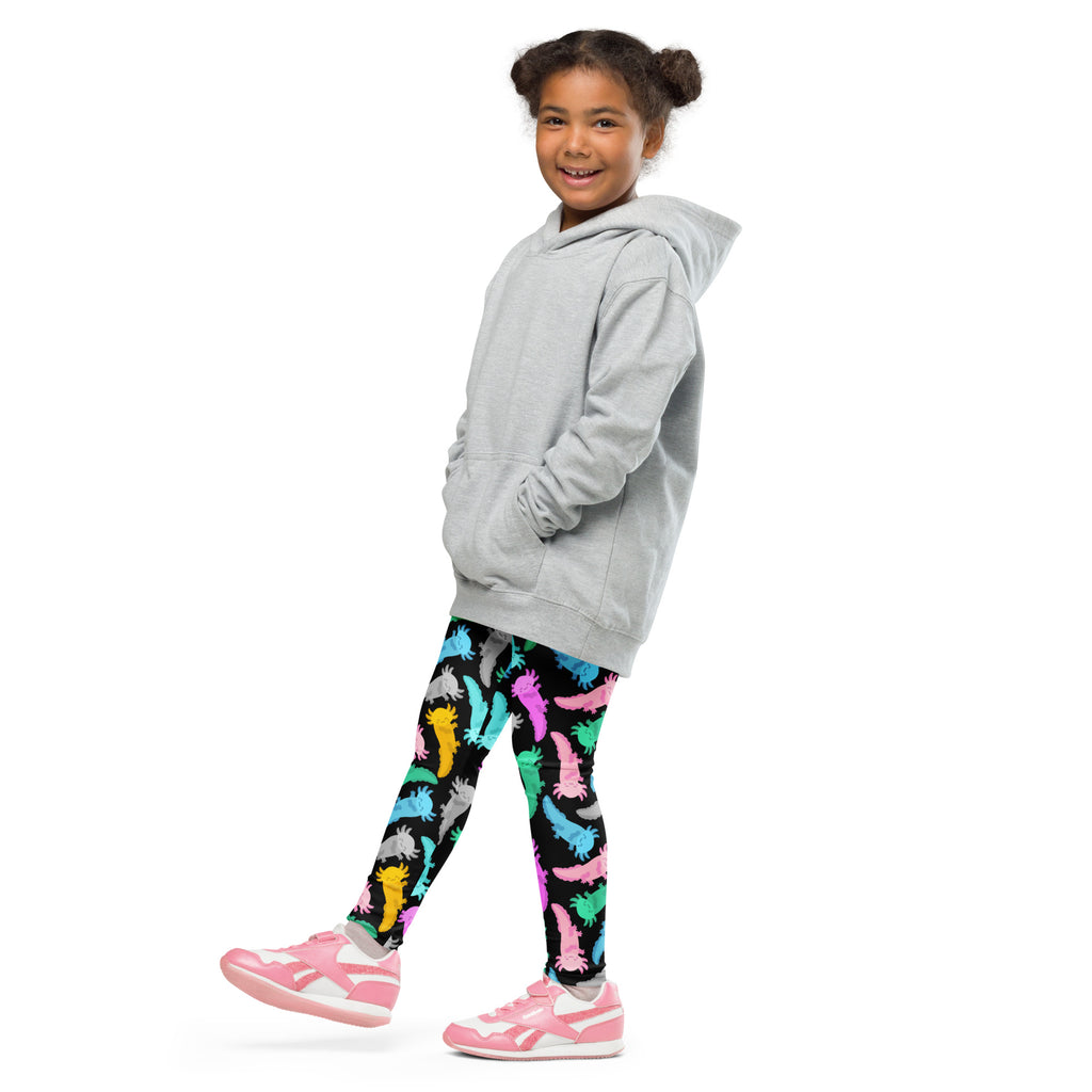 Gray hooded sweatshirt with front pockets and relaxed fit shown alongside kids colorful axolotl buttery soft leggings