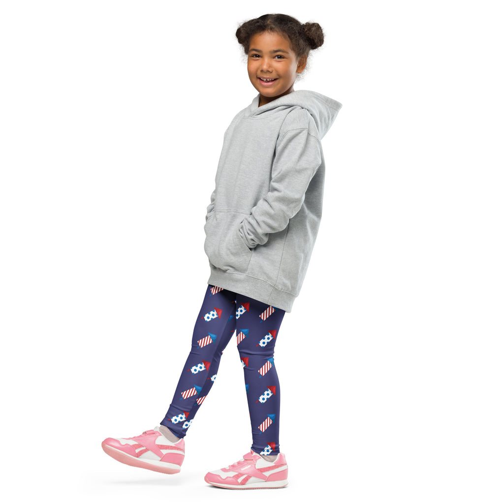 Gray hooded sweatshirt with relaxed fit and front pockets paired with kids firework rocket buttery soft leggings