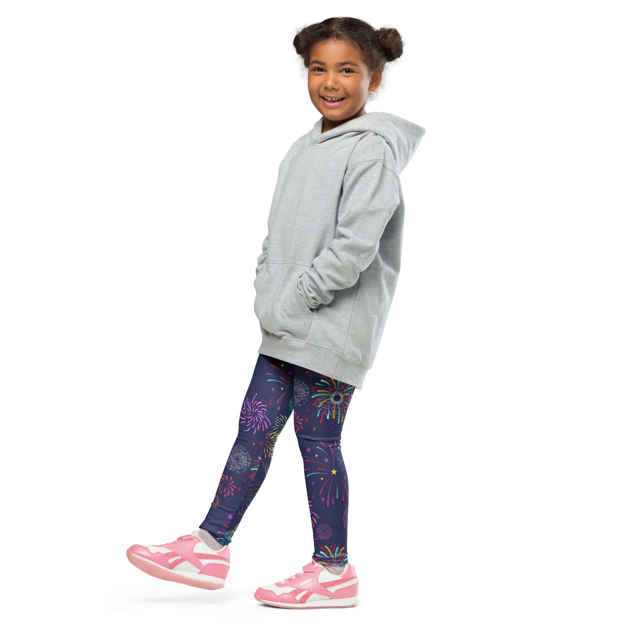 Gray hooded sweatshirt with relaxed fit and front pockets paired with girls fireworks buttery soft leggings