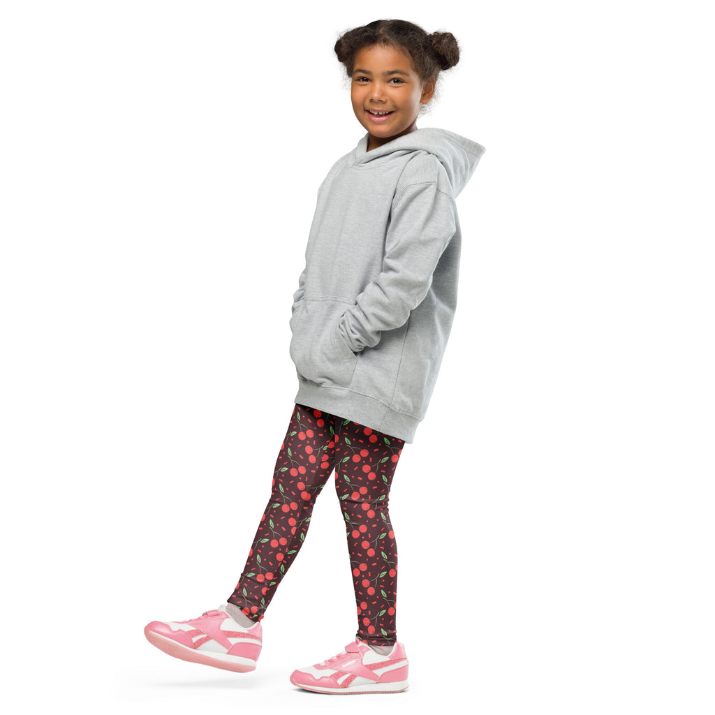 Gray hooded sweatshirt with front pockets and relaxed fit shown alongside girls cherry print buttery soft leggings