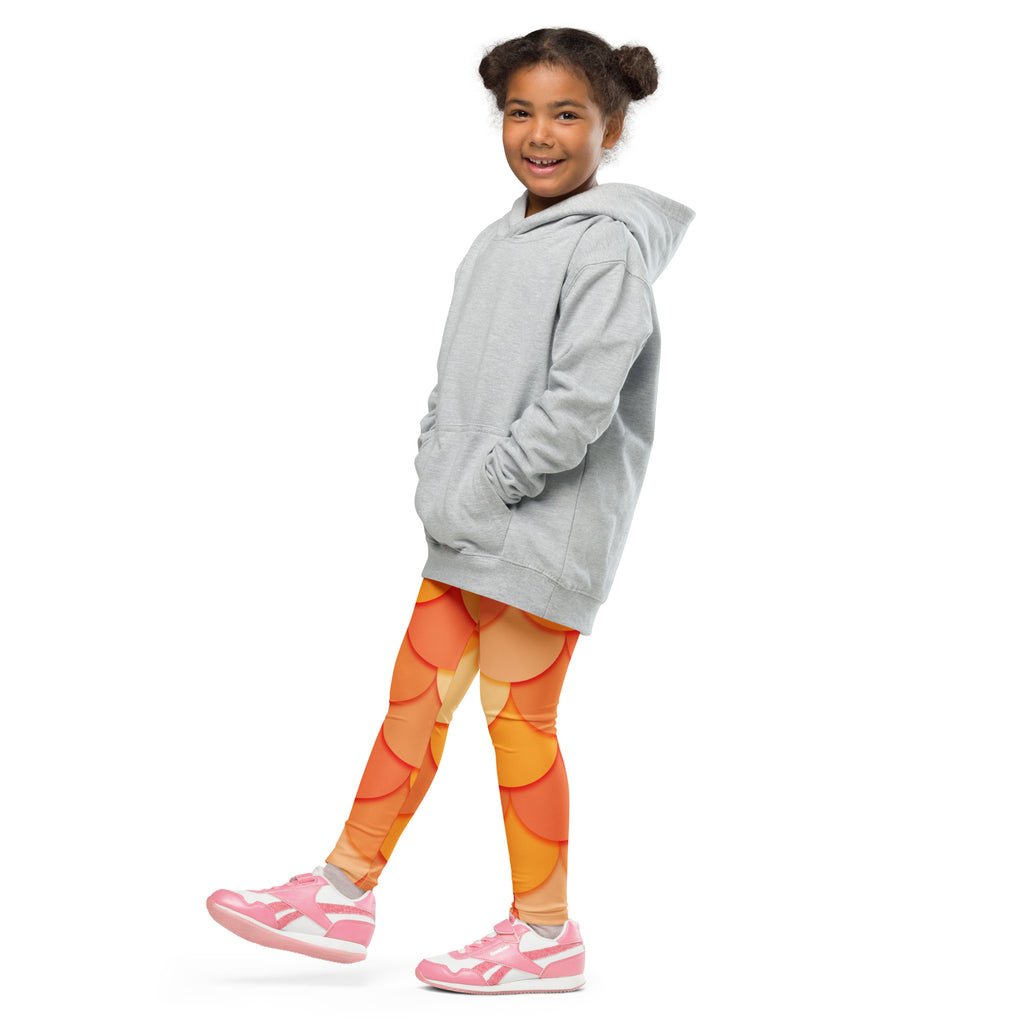 Gray hooded sweatshirt with long sleeves and front pockets paired with girls orange mermaid buttery soft leggings