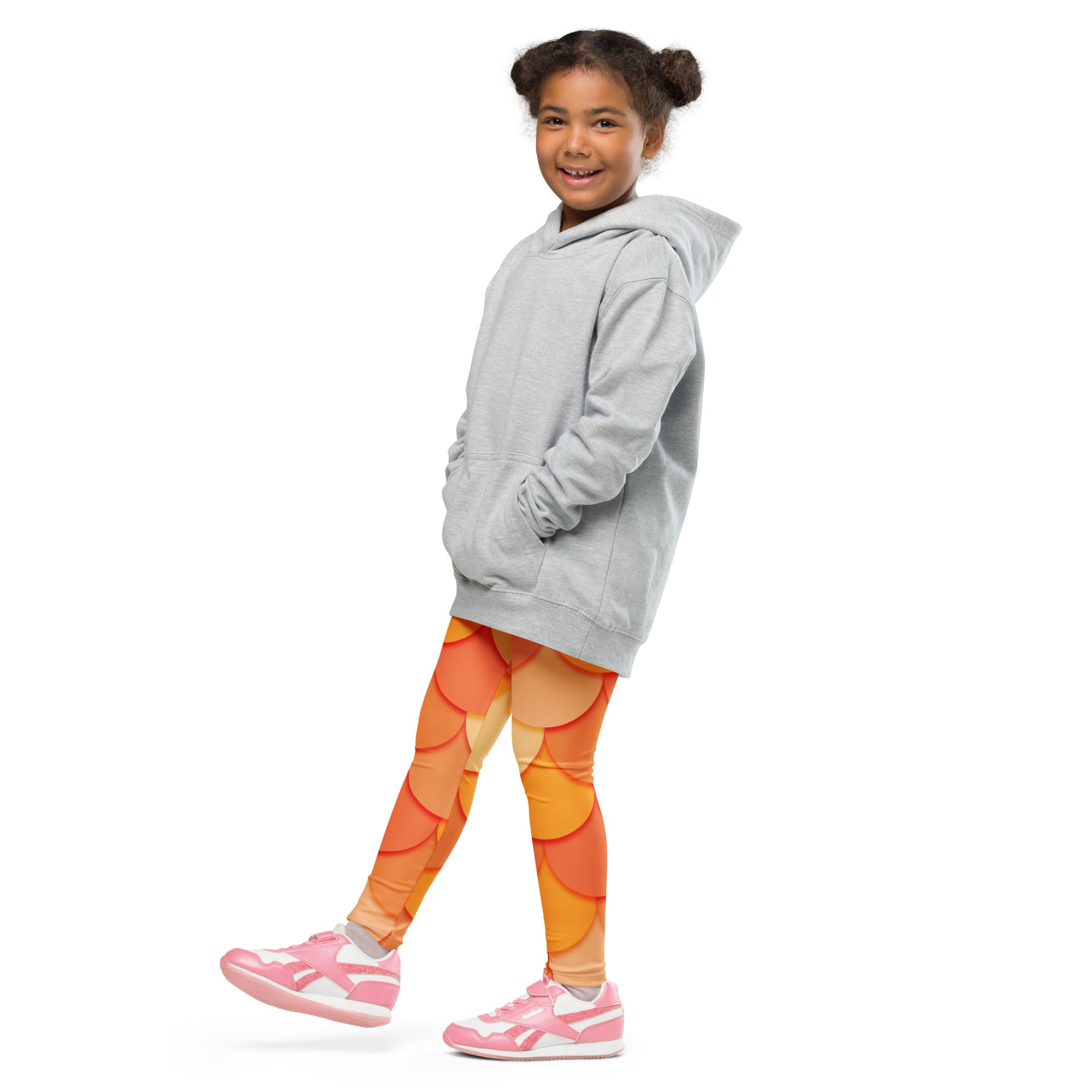 Gray hooded sweatshirt with long sleeves and front pockets paired with girls orange mermaid buttery soft leggings