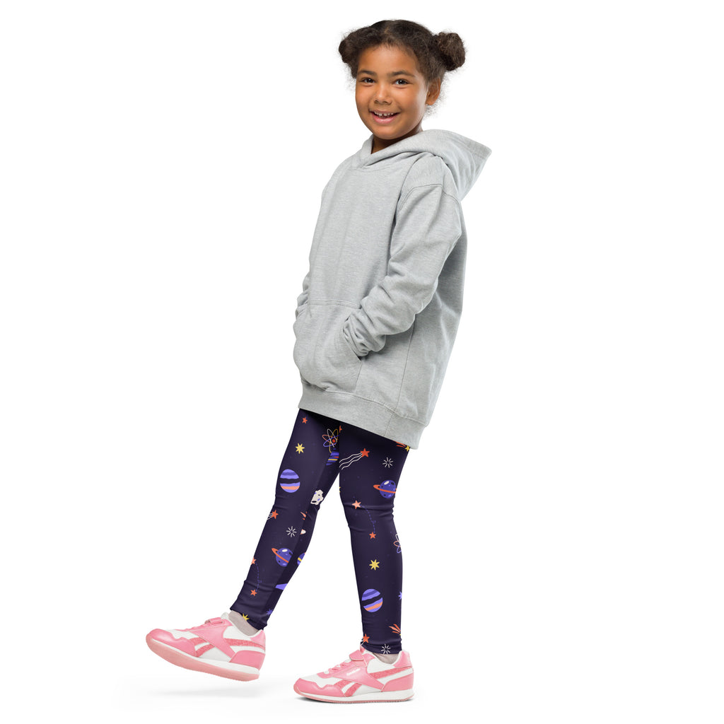 Gray hooded sweatshirt with relaxed fit and front pockets paired with girls purple outer space buttery soft leggings