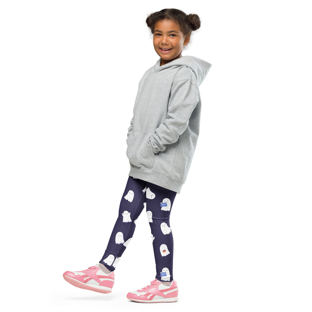 Gray hooded sweatshirt with long sleeves and front pockets paired with girls dark purple ghost buttery soft leggings