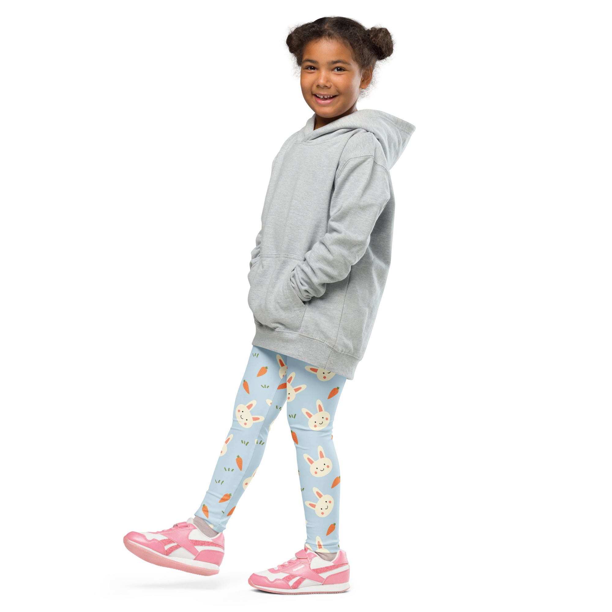 Gray hooded sweatshirt with relaxed fit and front pockets paired with girls easter bunny carrot buttery soft leggings
