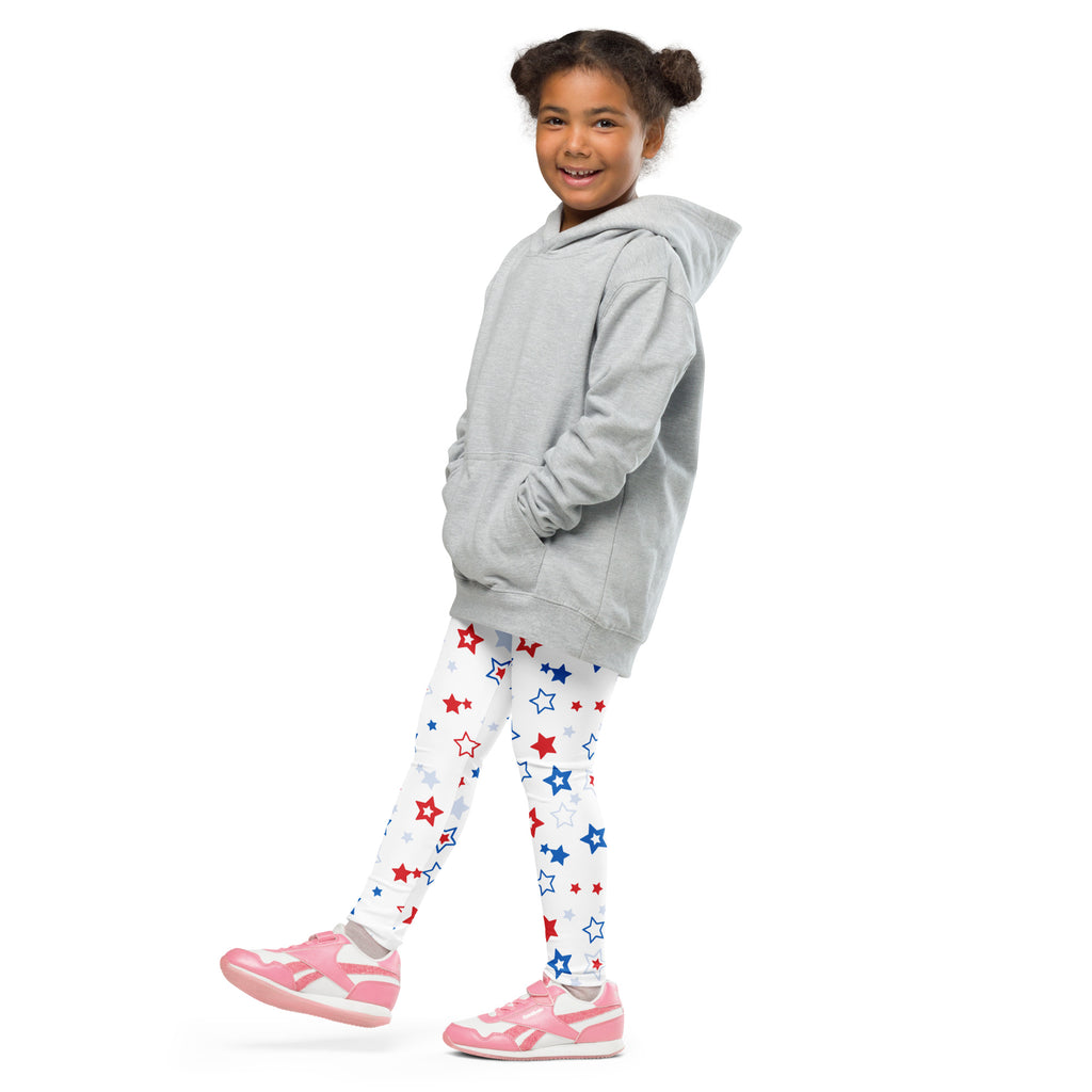 Gray hooded sweatshirt with front pockets and relaxed fit paired with kids red white and blue stars buttery soft leggings
