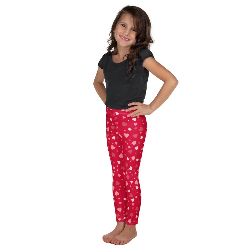 Girls red heart print buttery soft leggings in red with a heart pattern made from soft fabric
