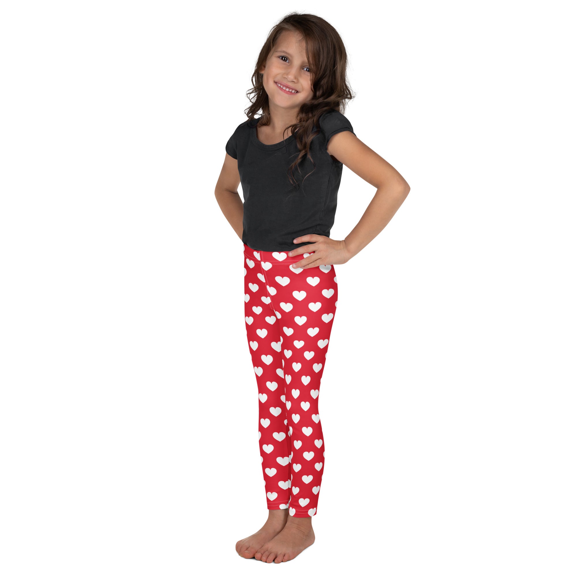 Girls red heart buttery soft leggings with white heart pattern and comfortable stretchy fabric