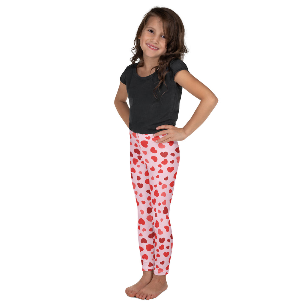 Girls Valentines Day pink buttery soft leggings with red heart pattern for comfortable festive wear