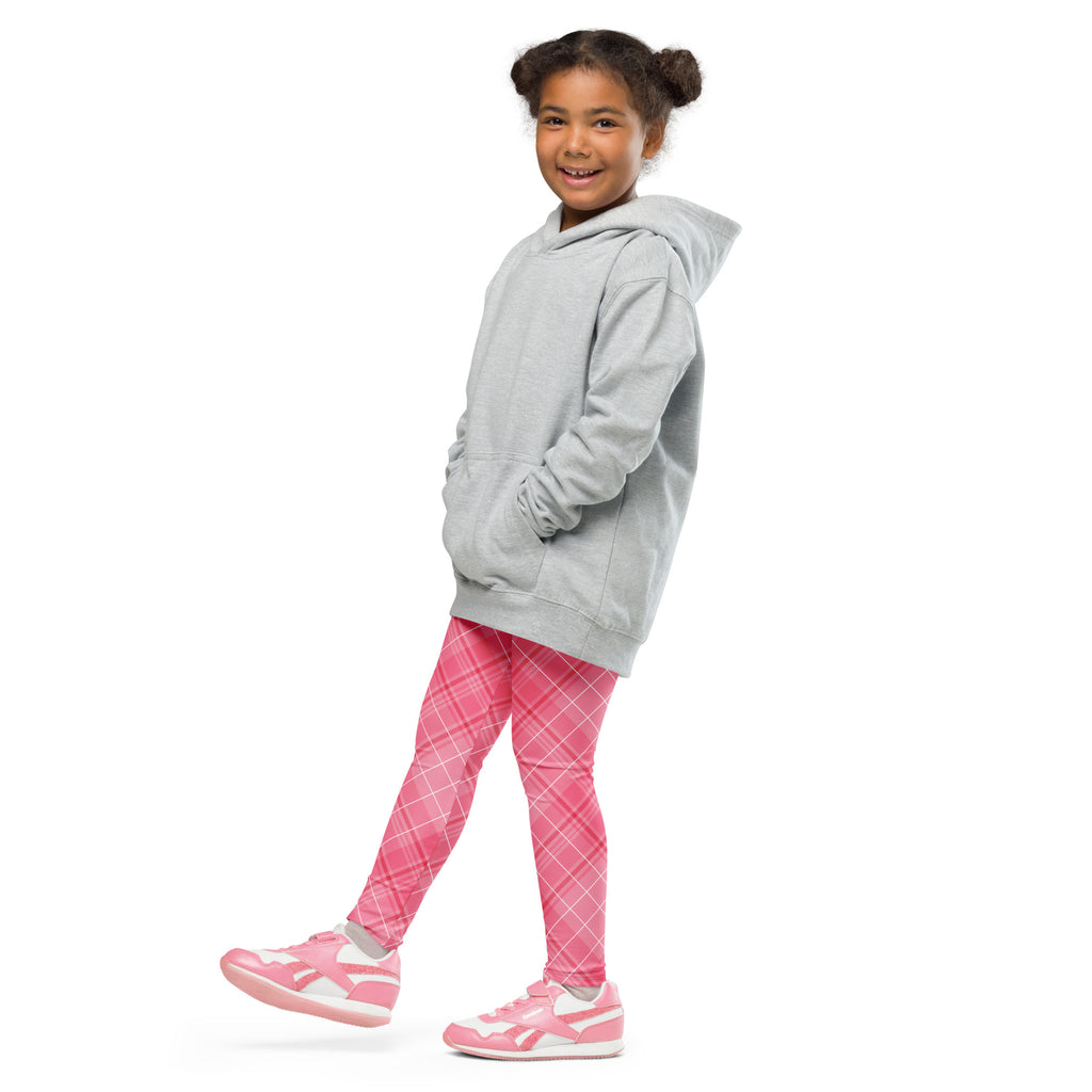 Gray hooded sweatshirt with front pockets and a relaxed fit paired with girls pink plaid buttery soft leggings