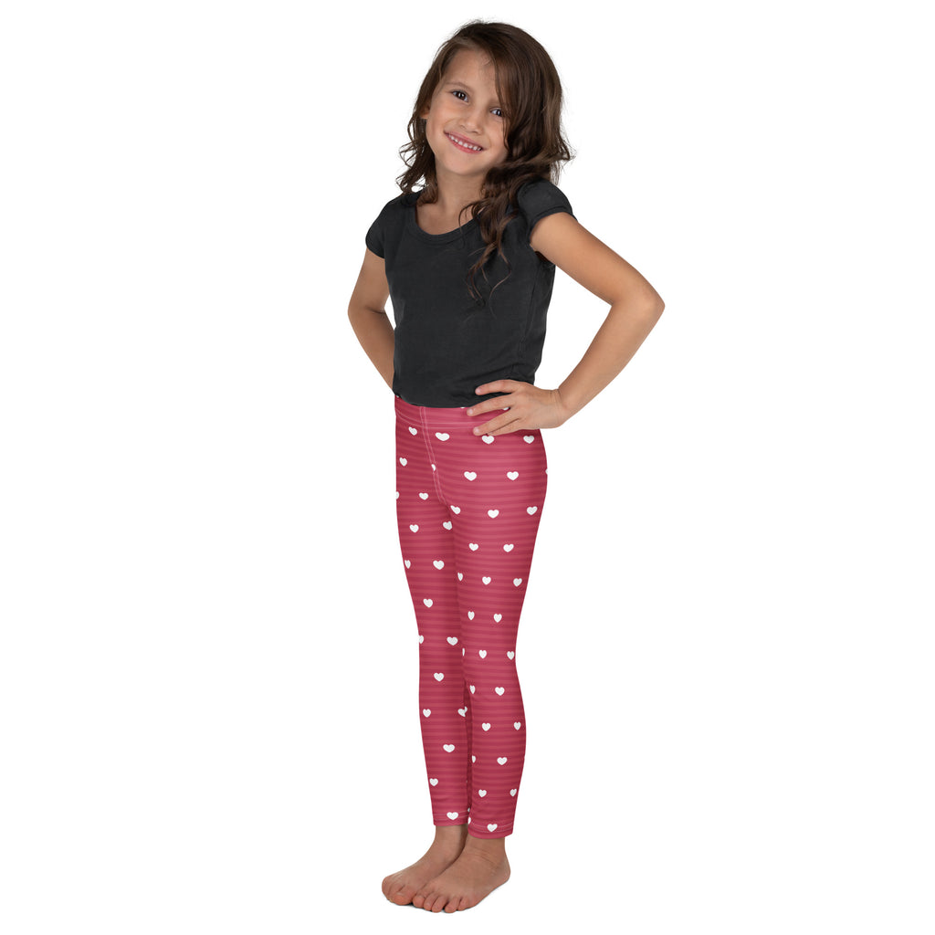 Girls pink stripe heart leggings featuring buttery soft fabric with pink heart patterns and subtle horizontal stripes