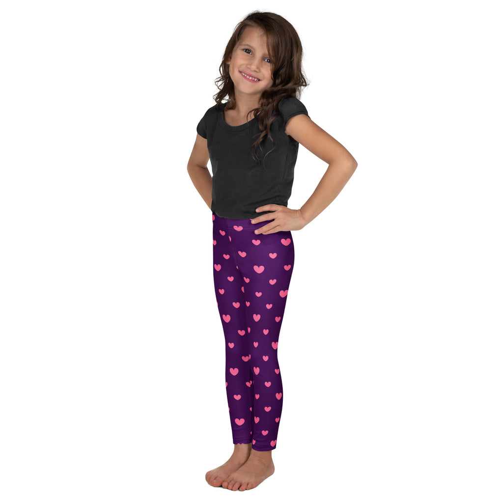 Girls purple heart leggings featuring pink heart patterns made from buttery soft fabric for comfortable wear