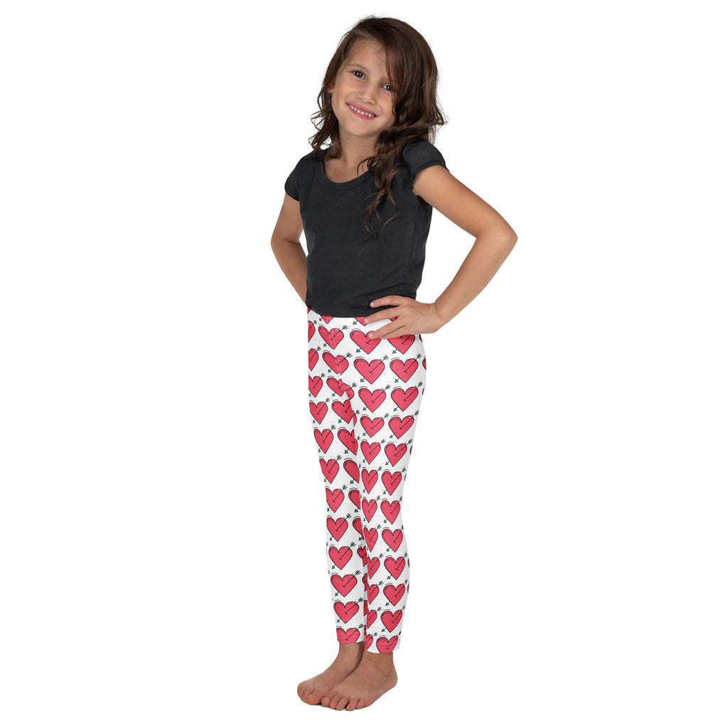 Girls arrow heart valentine’s day leggings with pink heart pattern on white buttery soft fabric