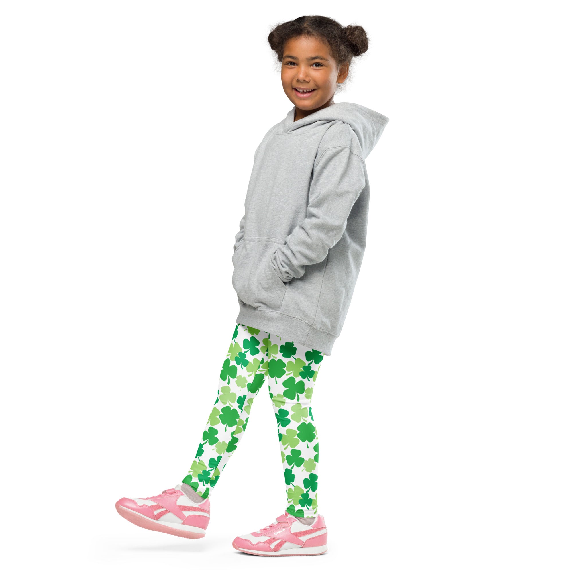Gray hooded sweatshirt with a relaxed fit and front pockets paired with girls green shamrock buttery soft leggings