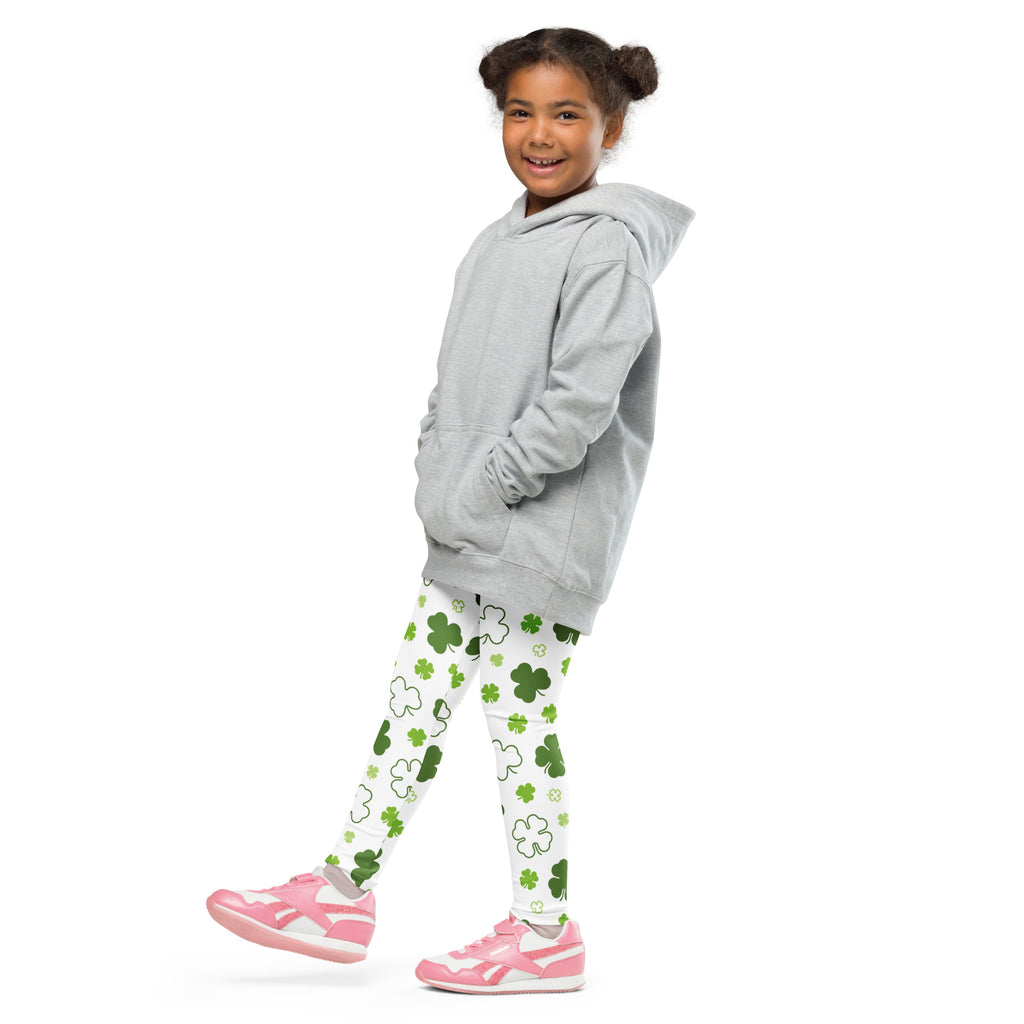 Gray hooded sweatshirt with front pockets and relaxed fit shown with girls white shamrock buttery soft leggings