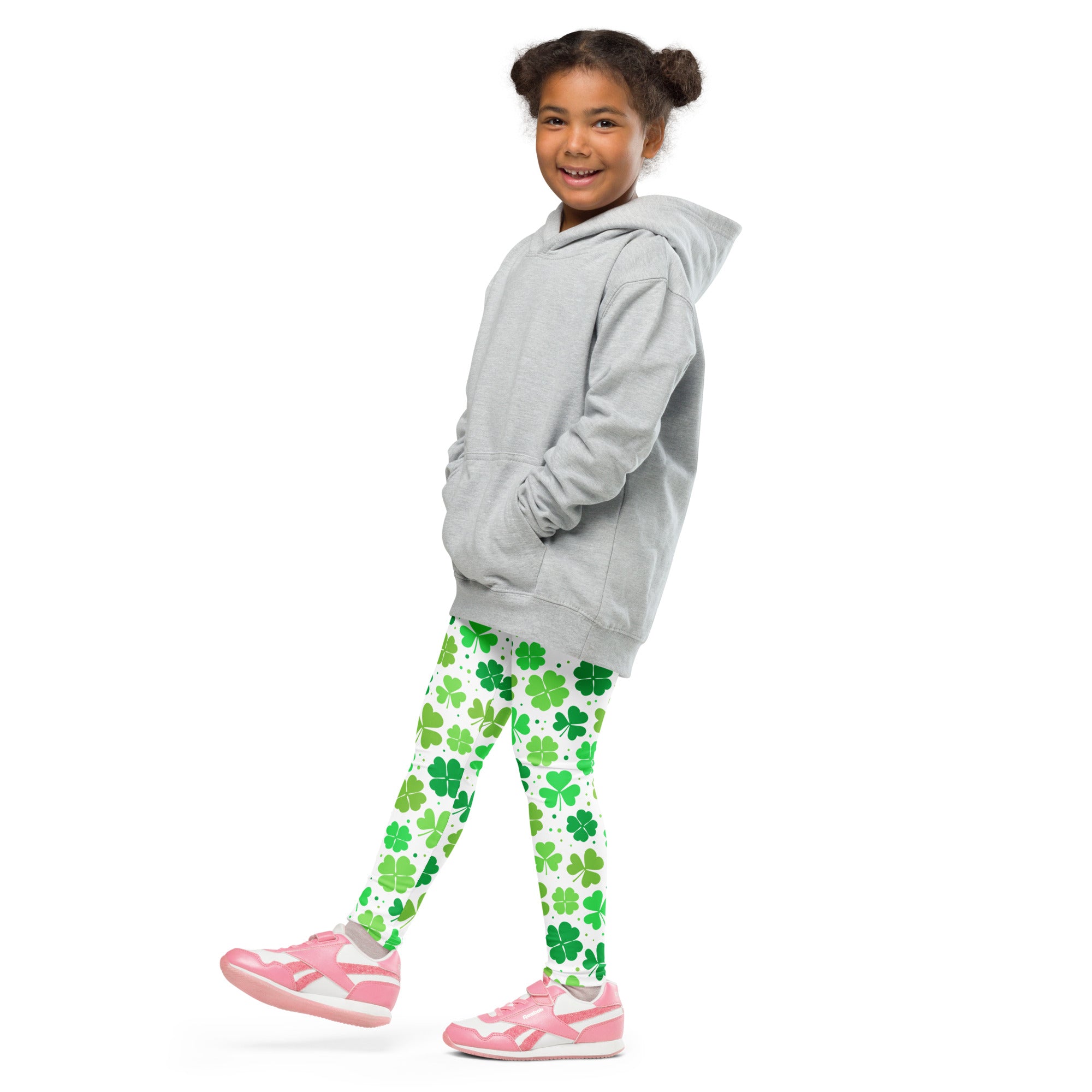 Gray hooded sweatshirt with relaxed fit and front pockets paired with girls lucky shamrock buttery soft leggings